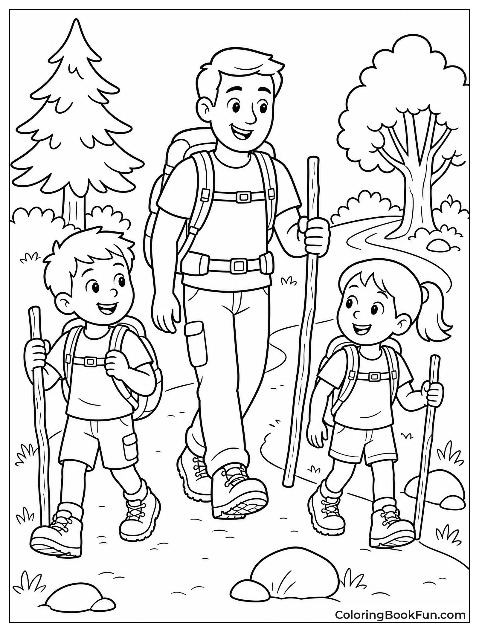 Dad Hiking with Kids on Trail