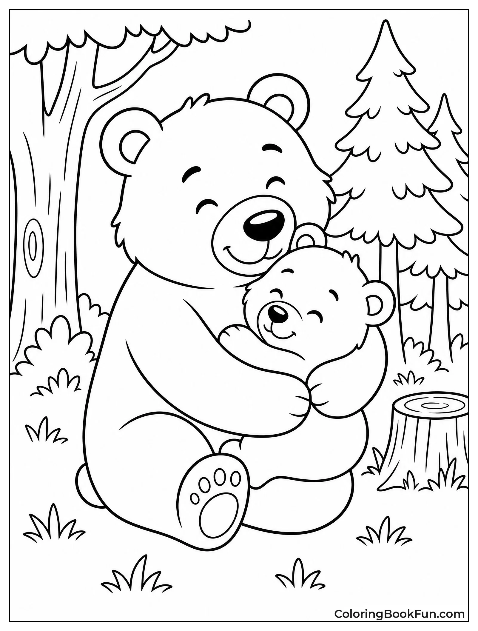 Bear Dad Hugging Cub in Forest