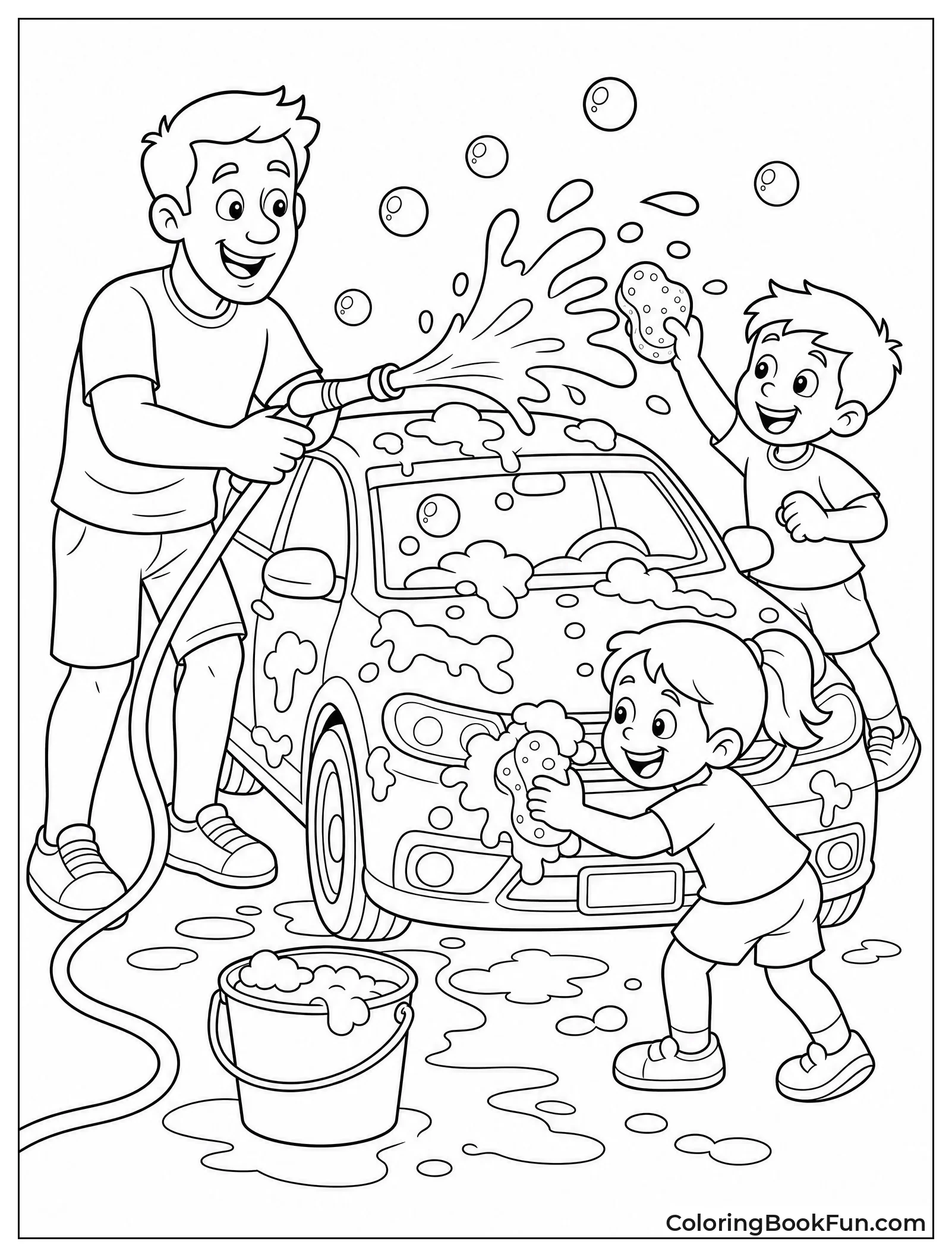 Family Having Water Fight at Car