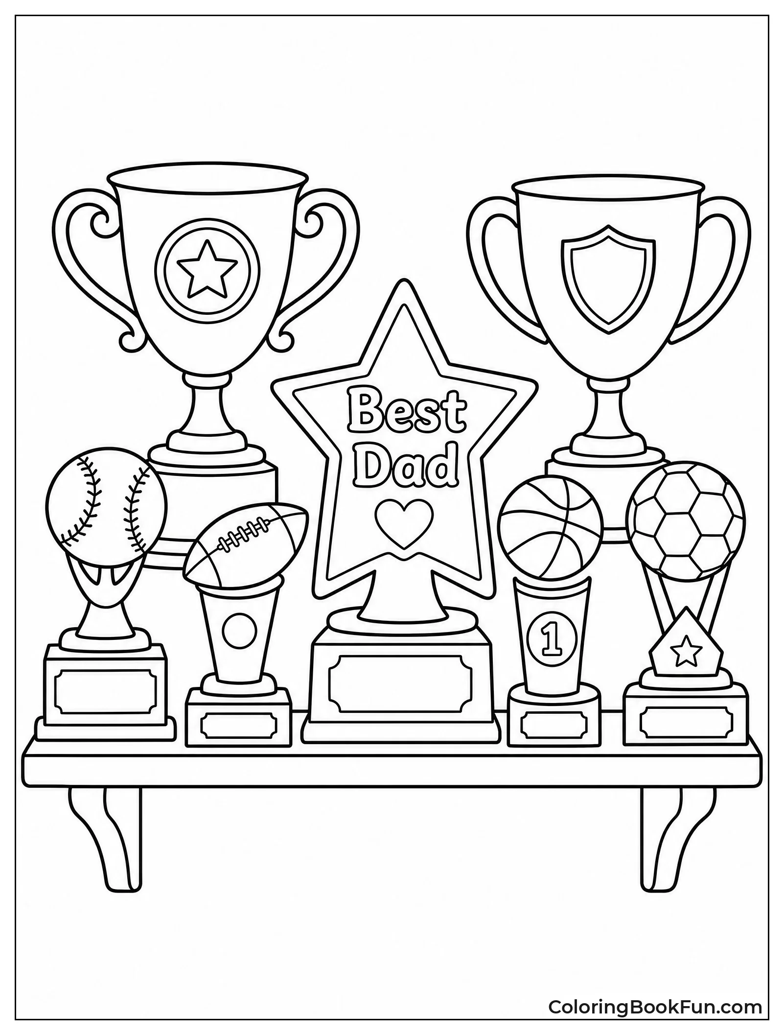 Shelf of Trophies with Best Dad Award