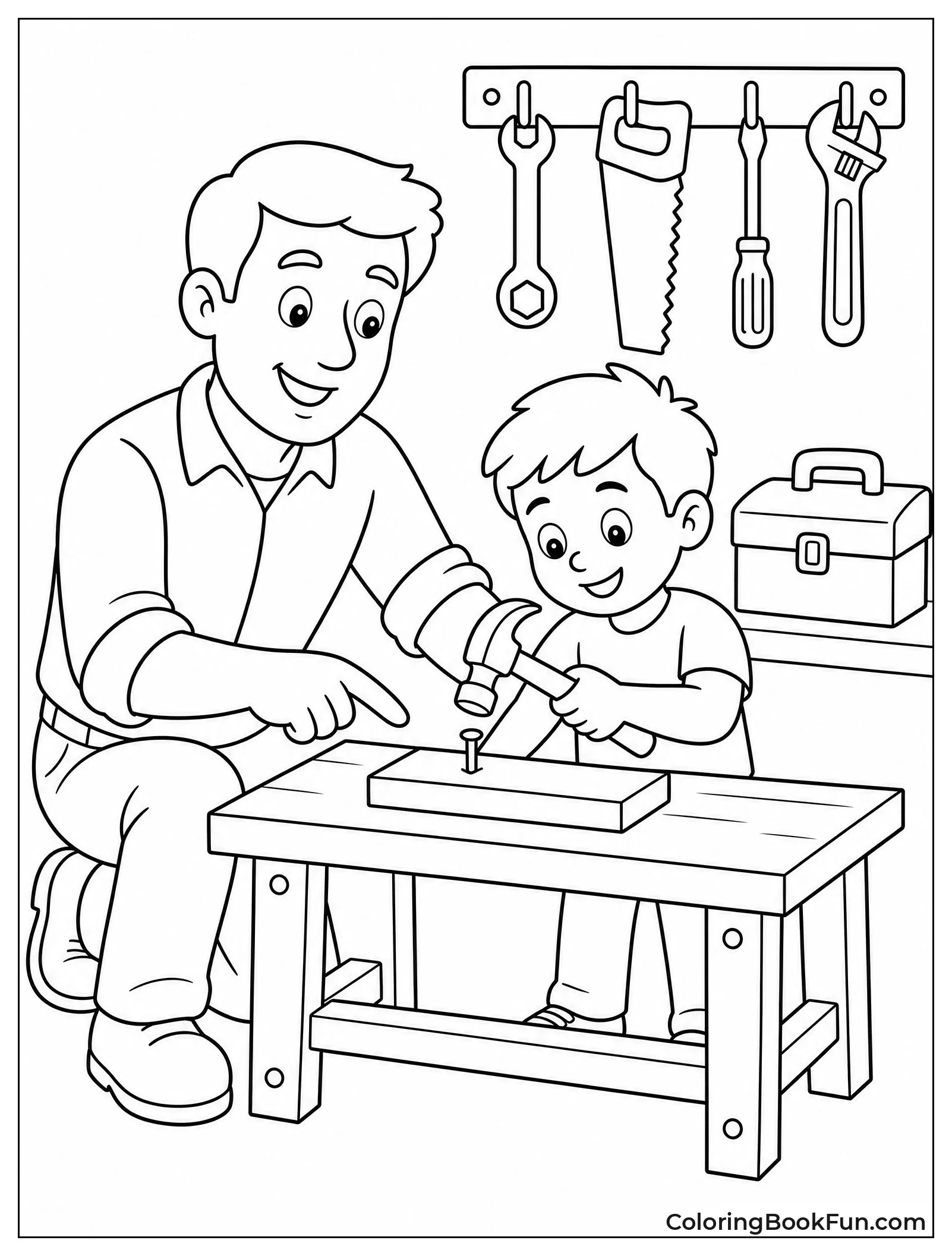 Dad Teaching Child to Use Hammer