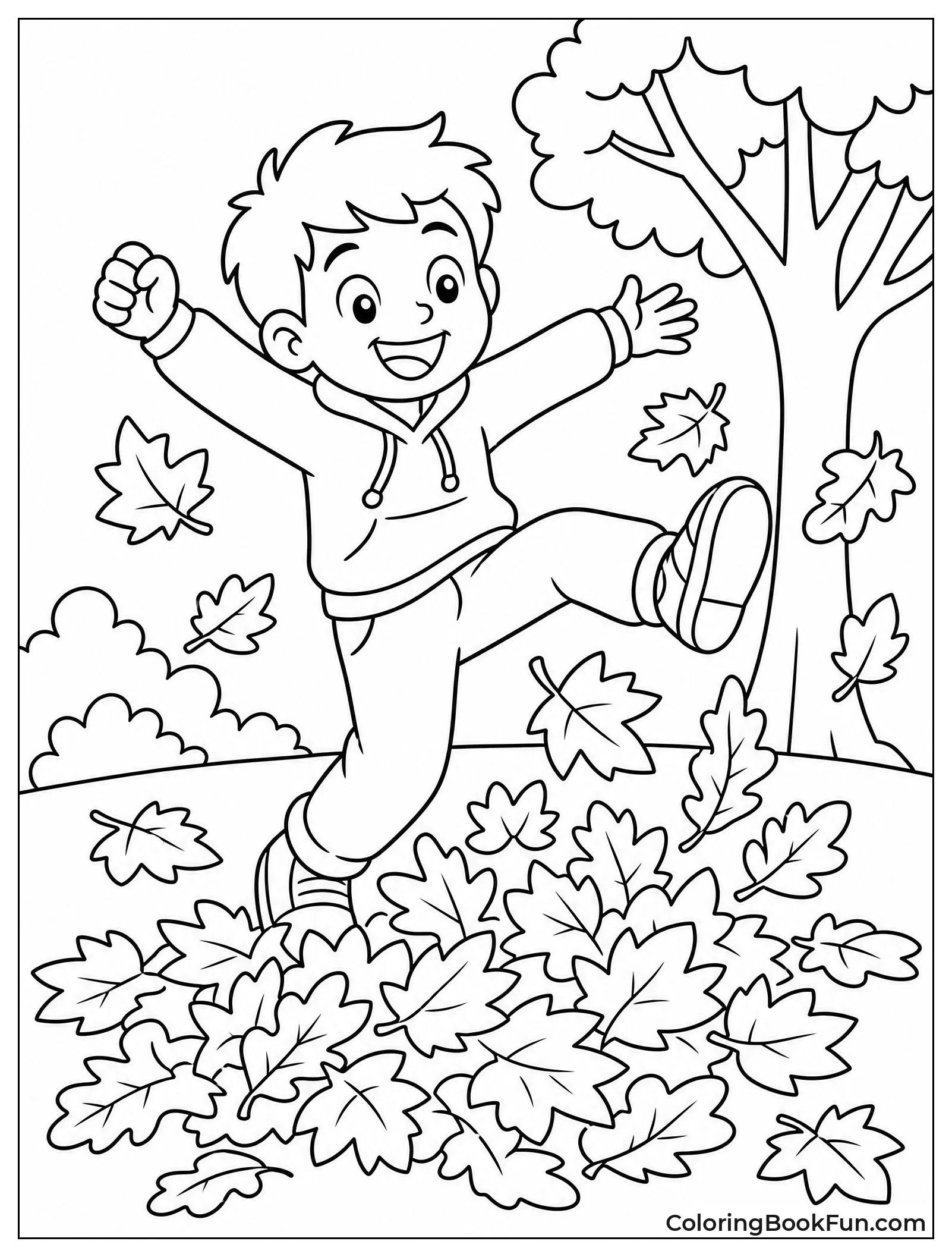 Boy Kicks Up Autumn Leaves