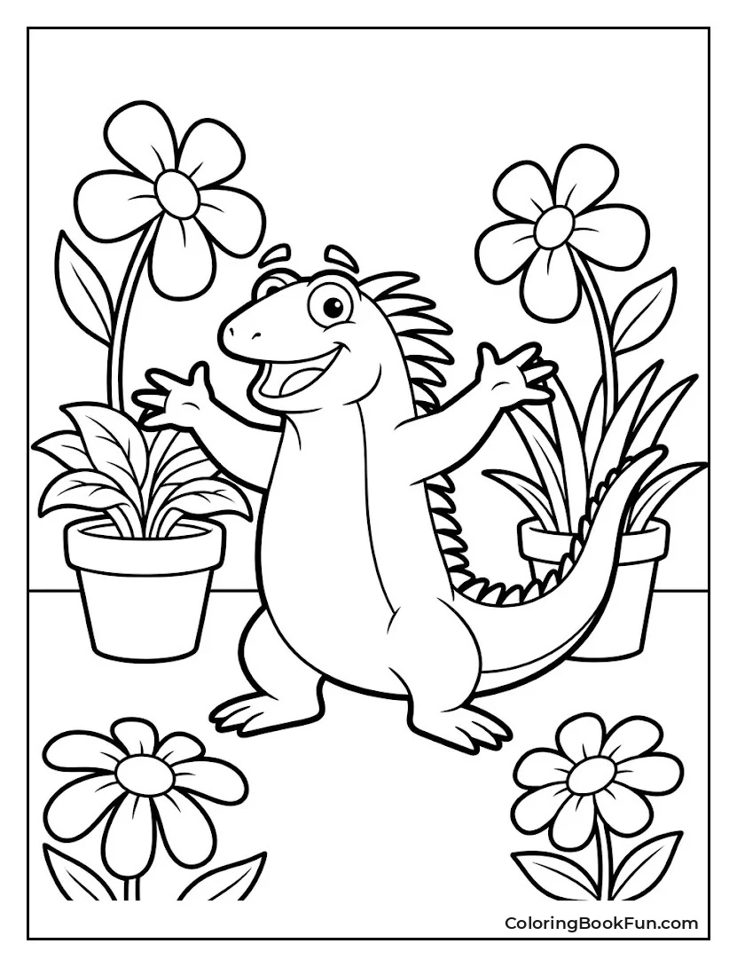 Isa the Iguana Poses Among Colorful Flowers