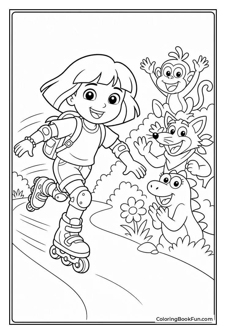 Dora Rollerblades Fast with Friends Cheering