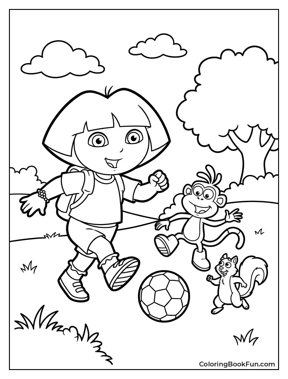 Dora Kicks Soccer Ball with Animal Friends
