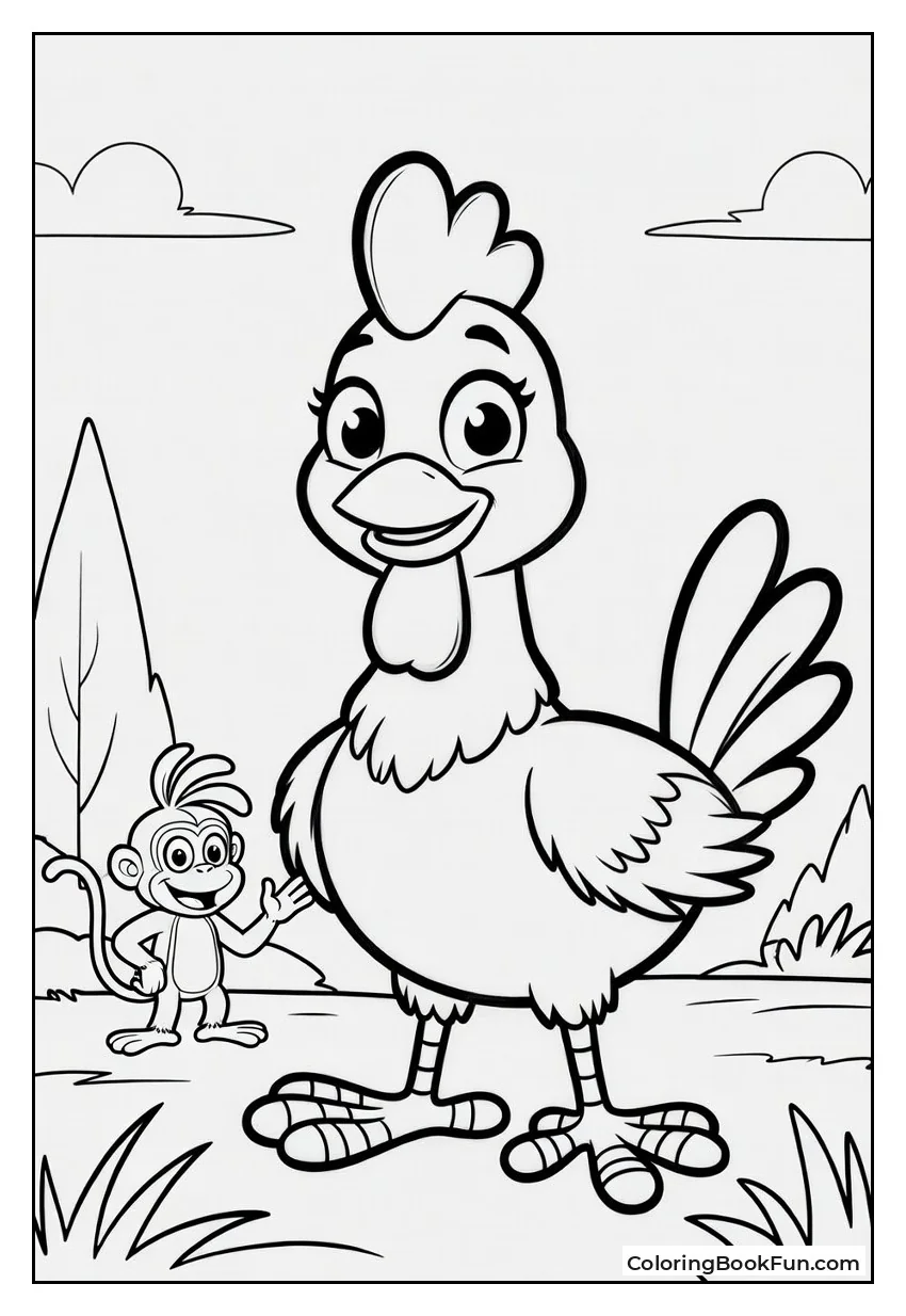 Big Red Chicken Stands Proud in Meadow