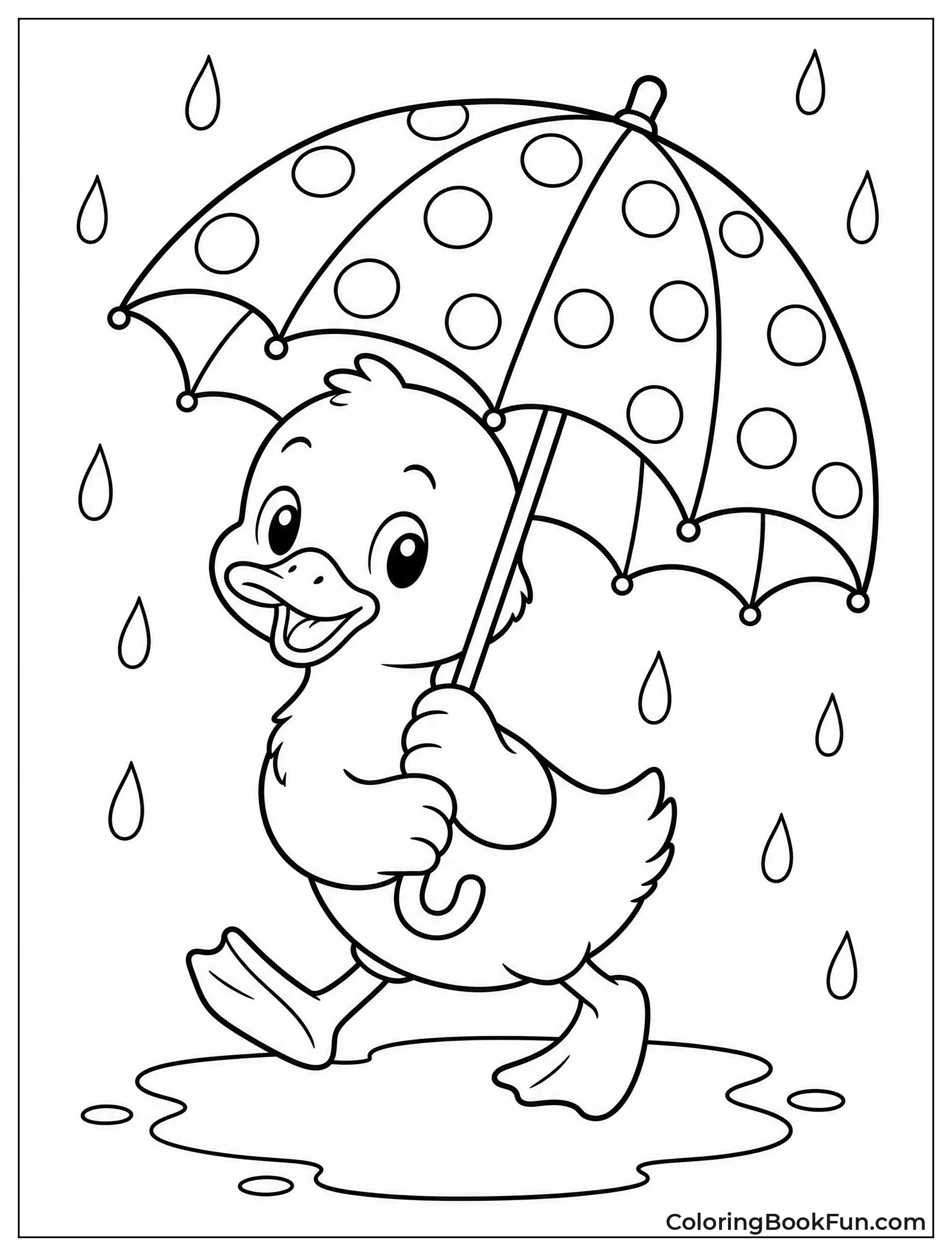 Duck Waddles Under Polka Dot Umbrella