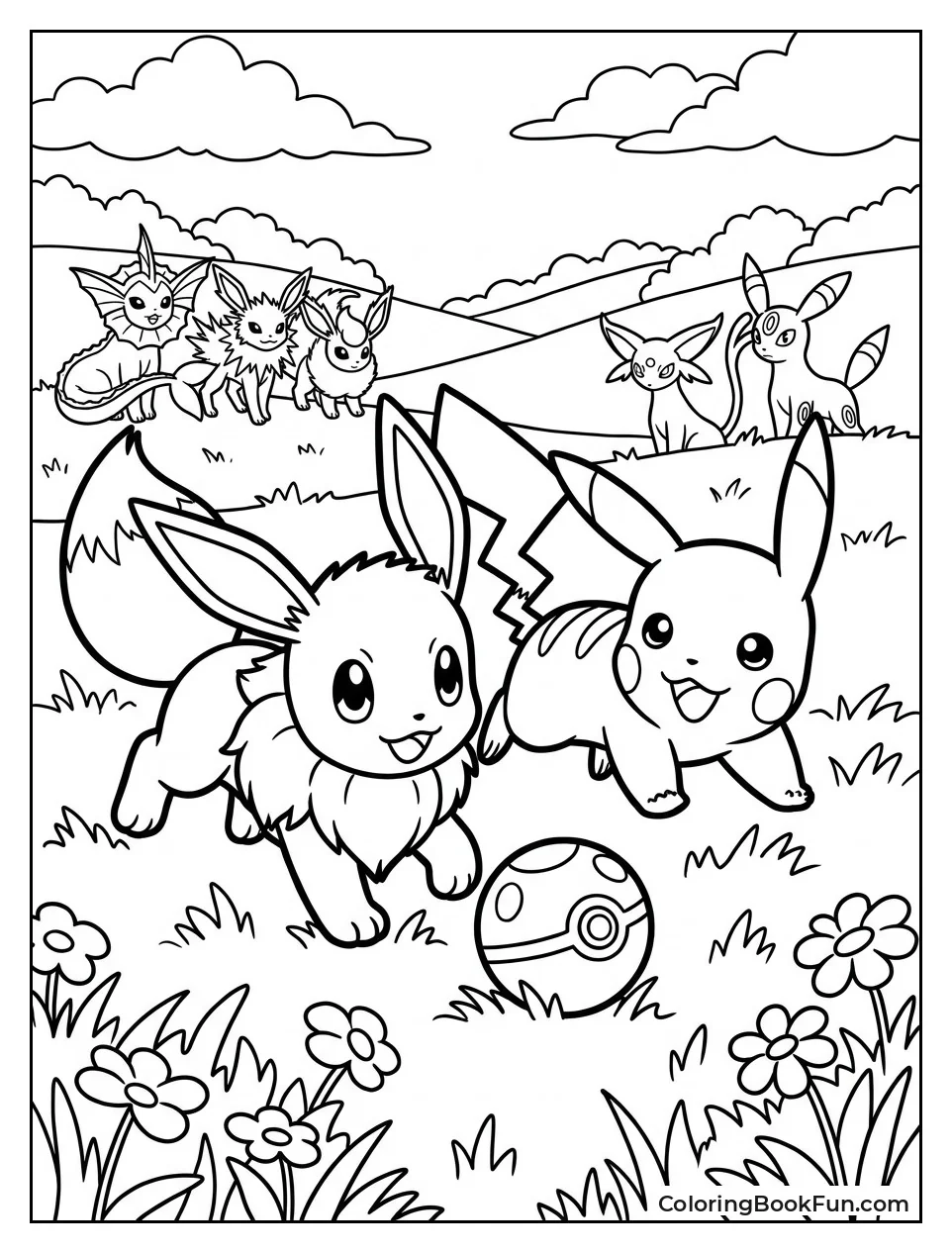 Eevee Chases Ball with Pikachu
