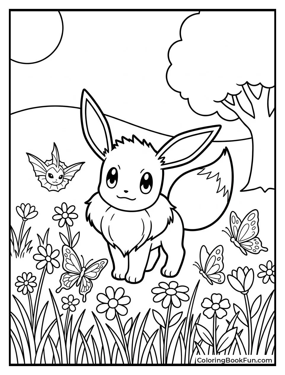 Eevee Explores Flower Meadow with Butterflies
