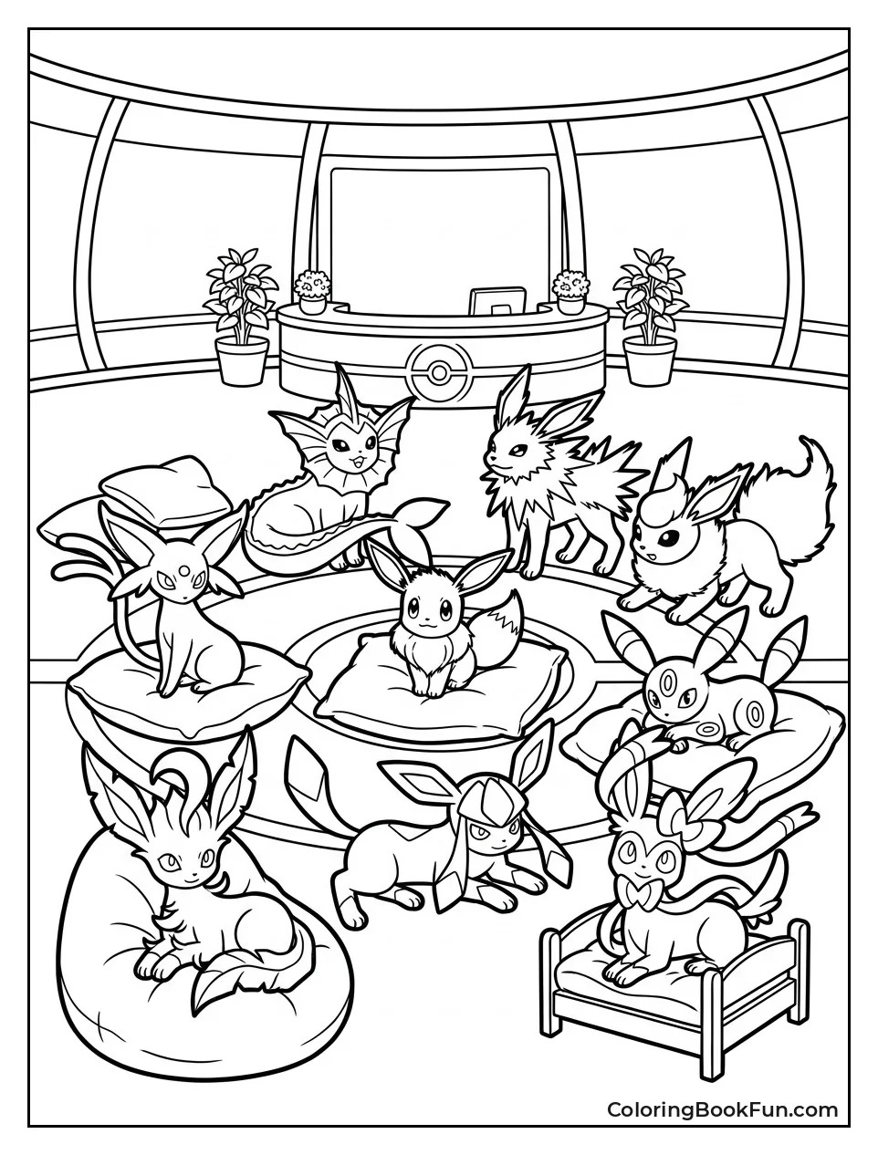 Eeveelutions Relax in Pokémon Center