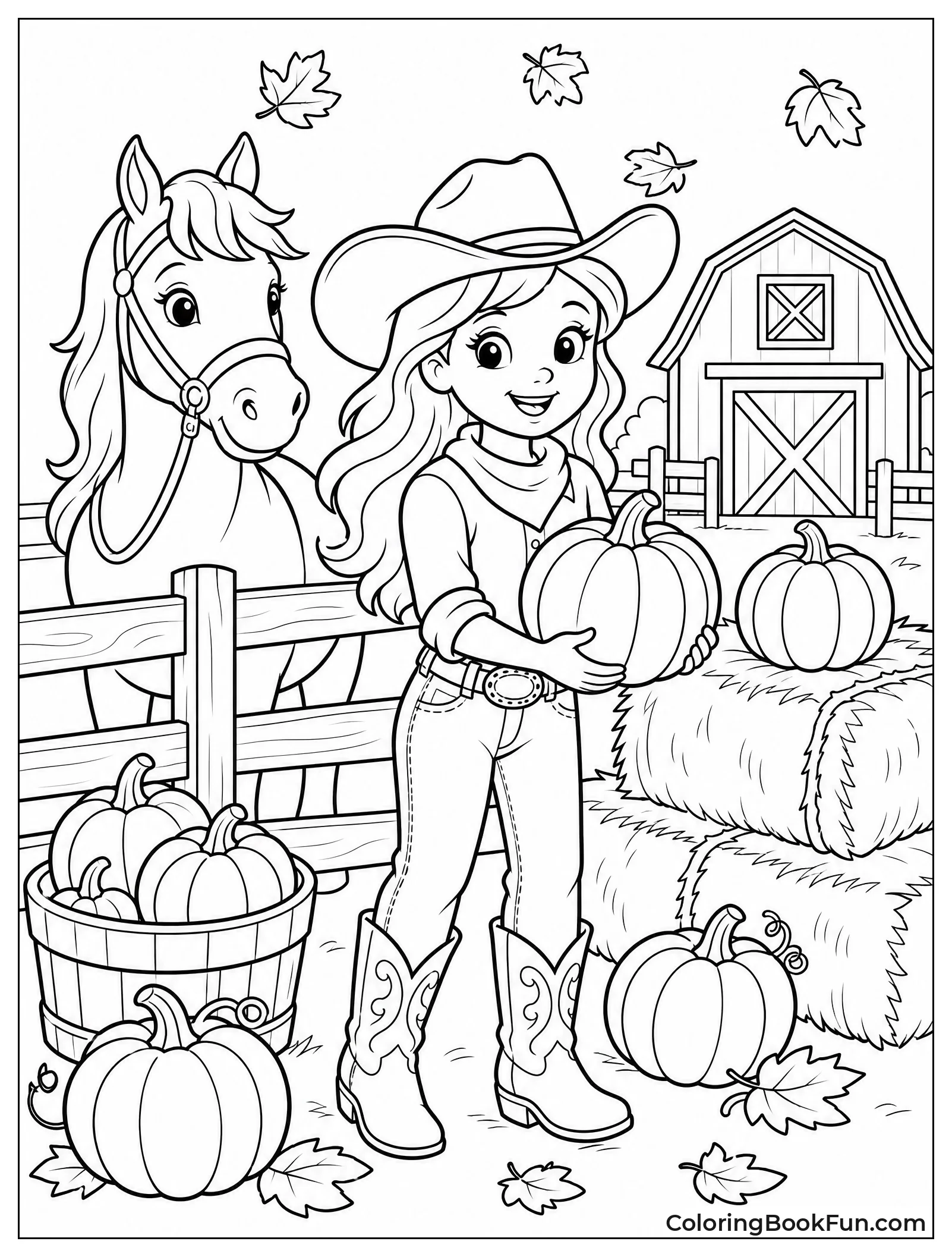 Cowgirl Gathering Pumpkins in Fall