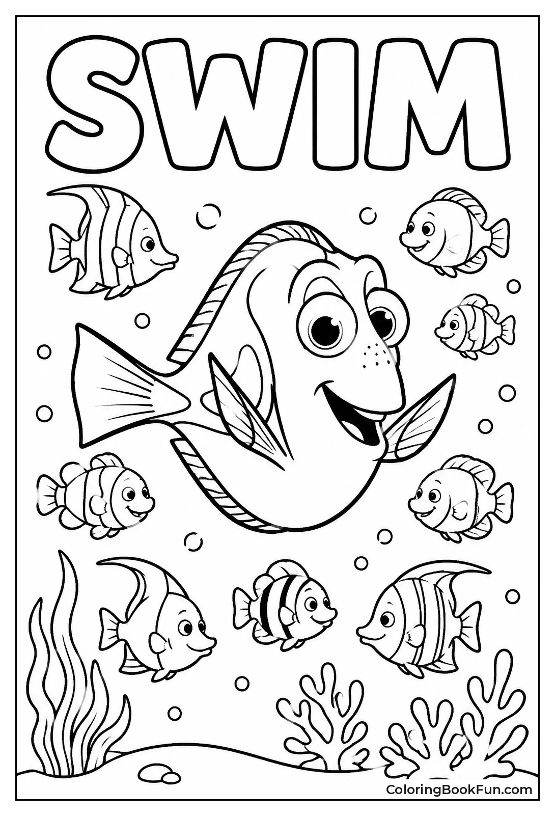 Dory Swimming with Colorful Tropical Fish