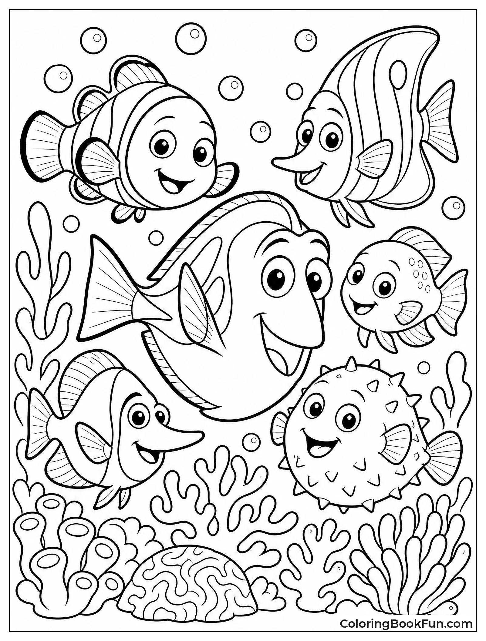 Colorful Reef Fish in Group Photo