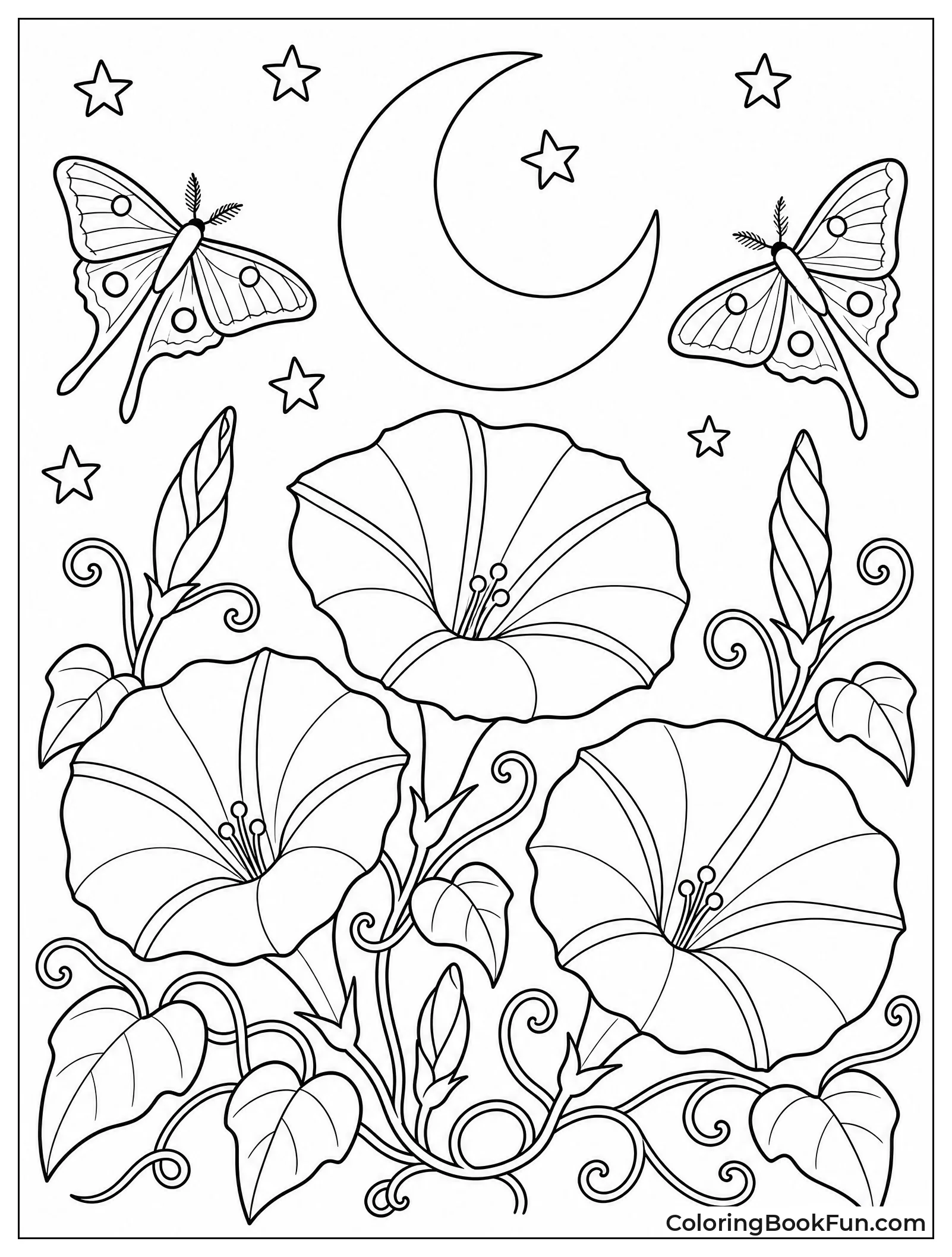 Moonflowers under a Crescent Moon