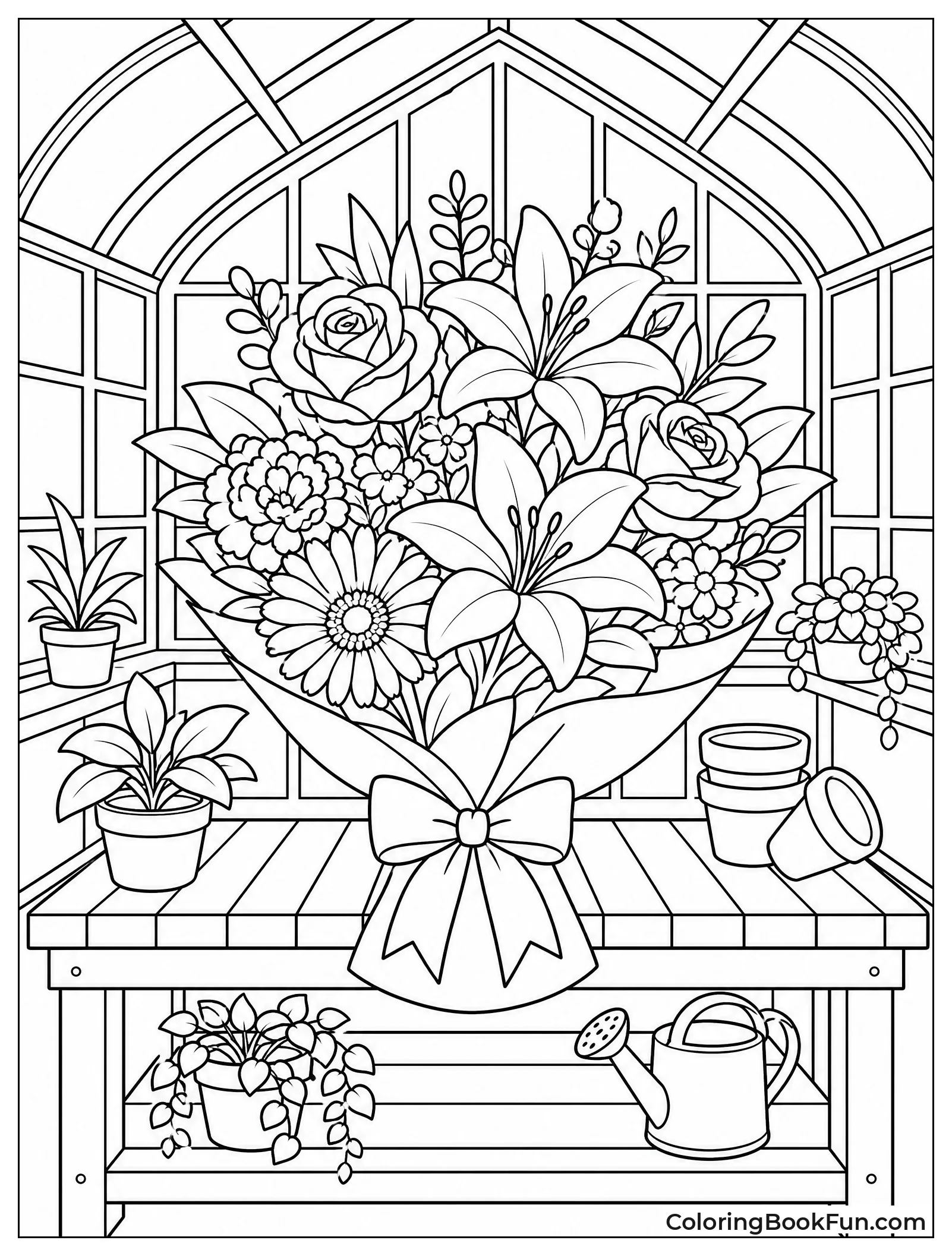 Bouquet Rests on Greenhouse Bench