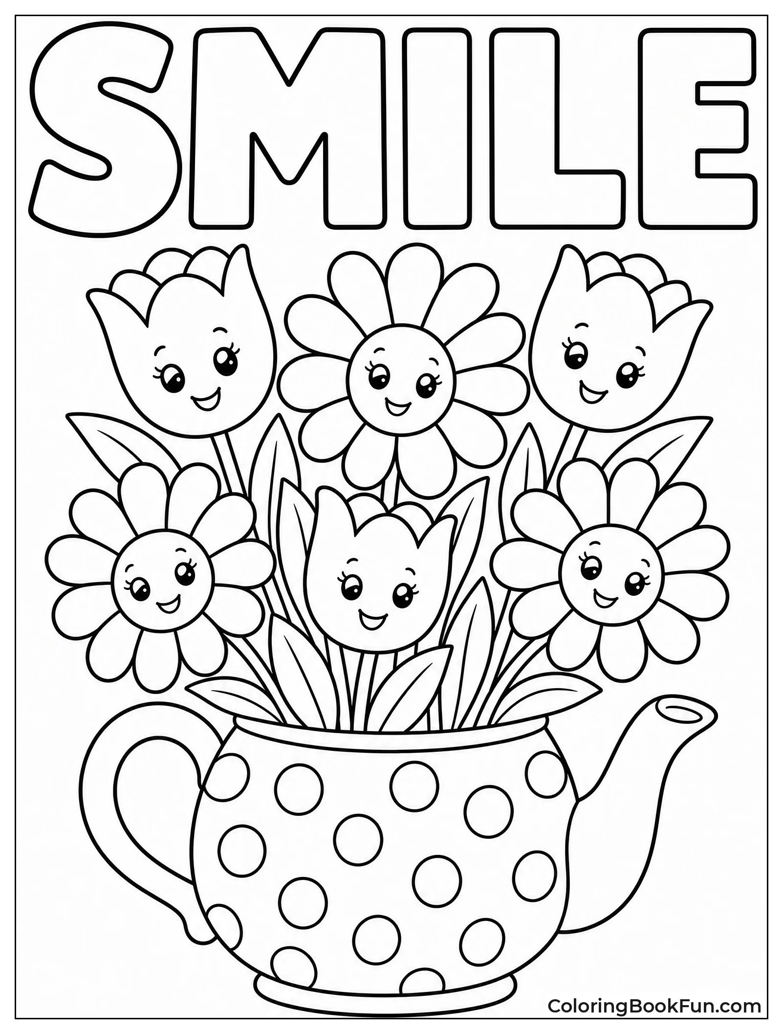 Smiling Flowers in Polka Dot Teapot