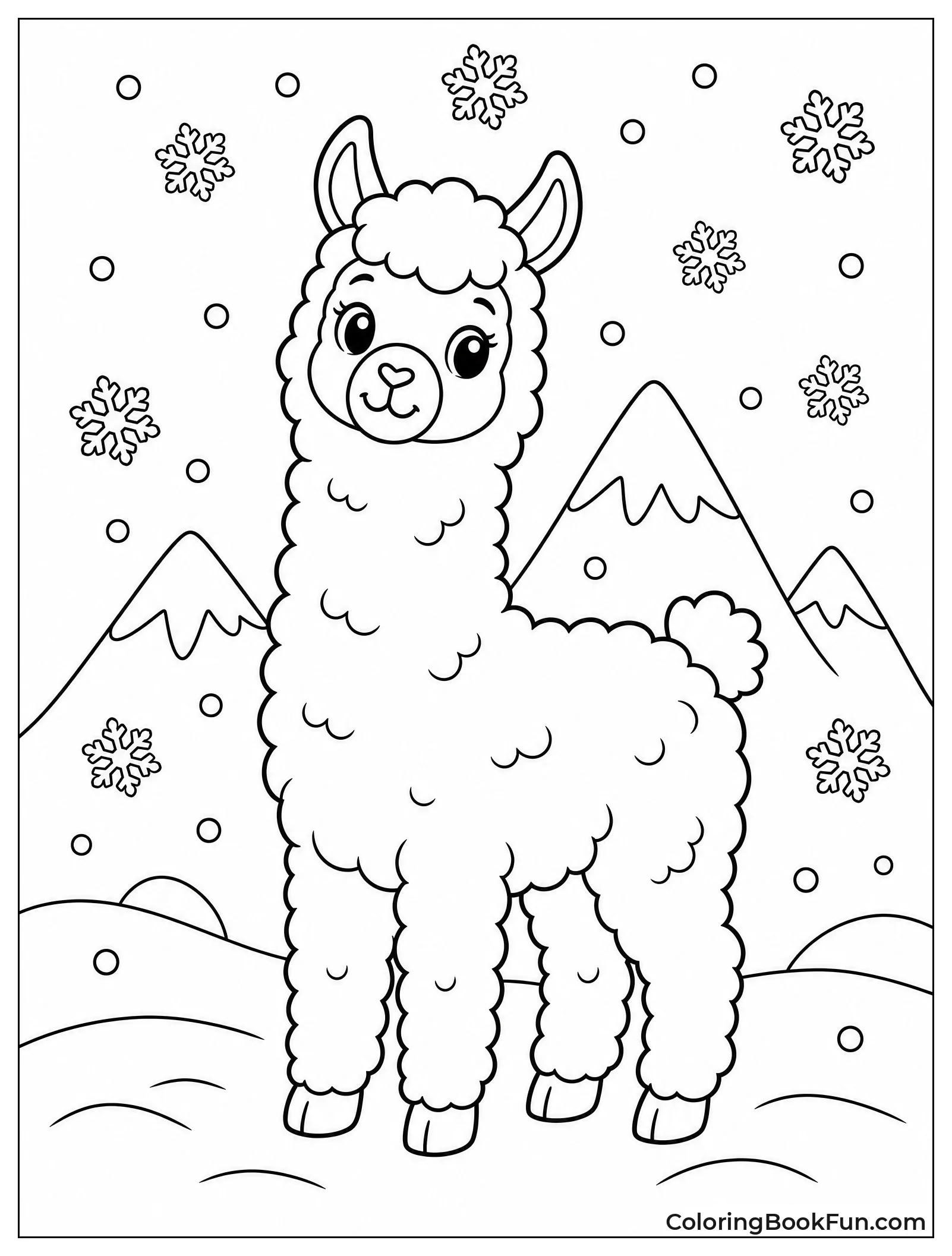 Fluffy Llama in Falling Snow