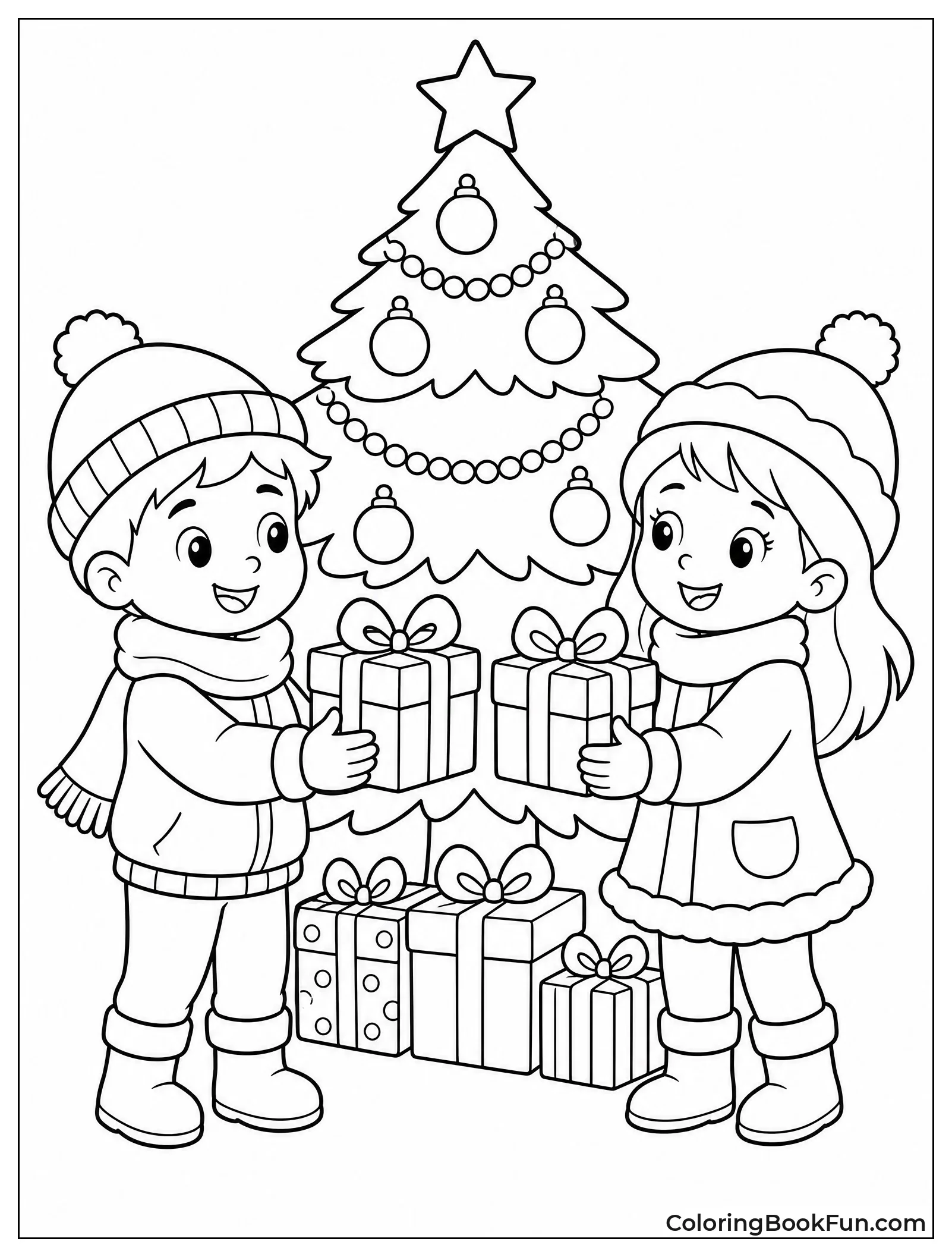 Exchanging Gifts by Christmas Tree