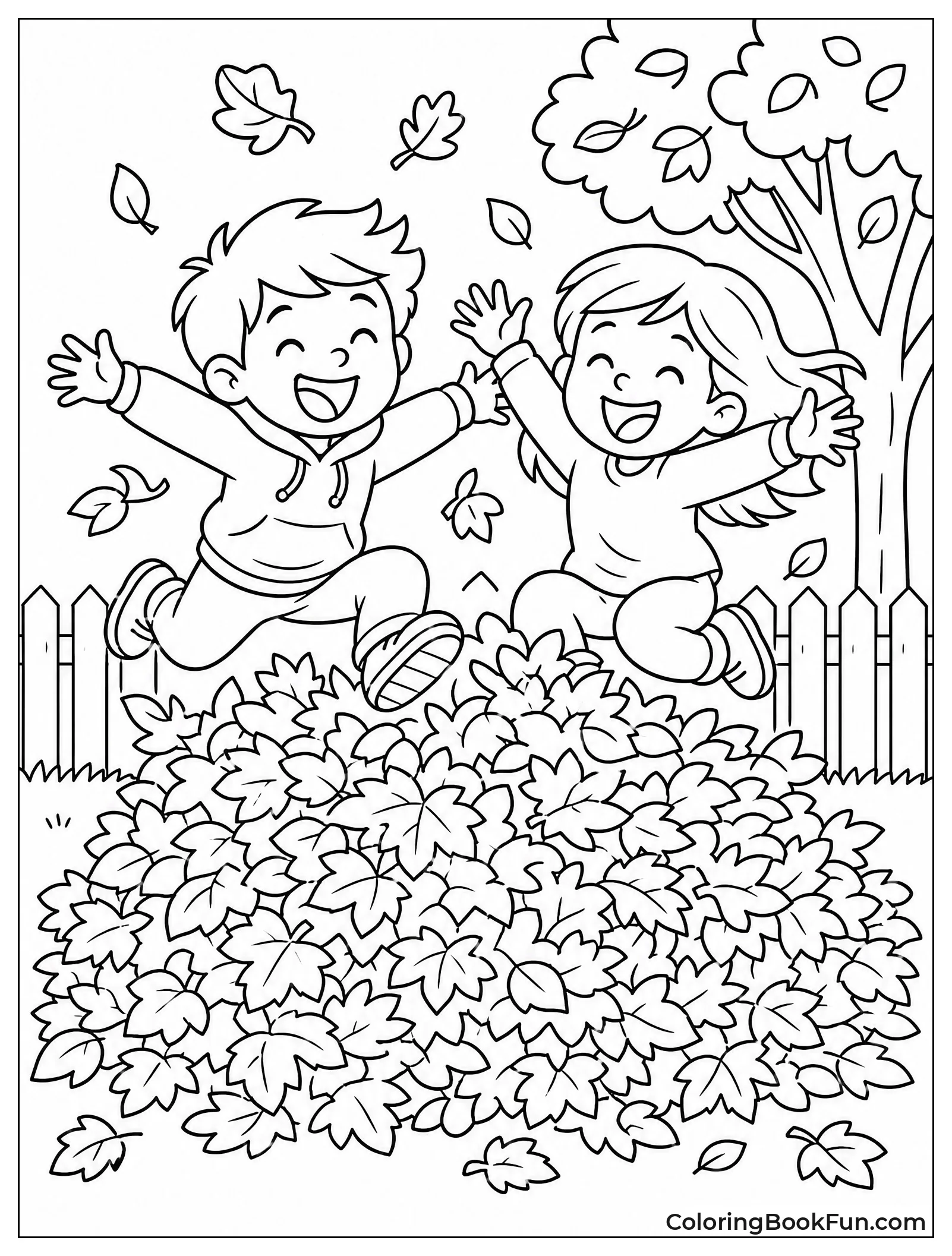 Children Jumping in Leaf Pile