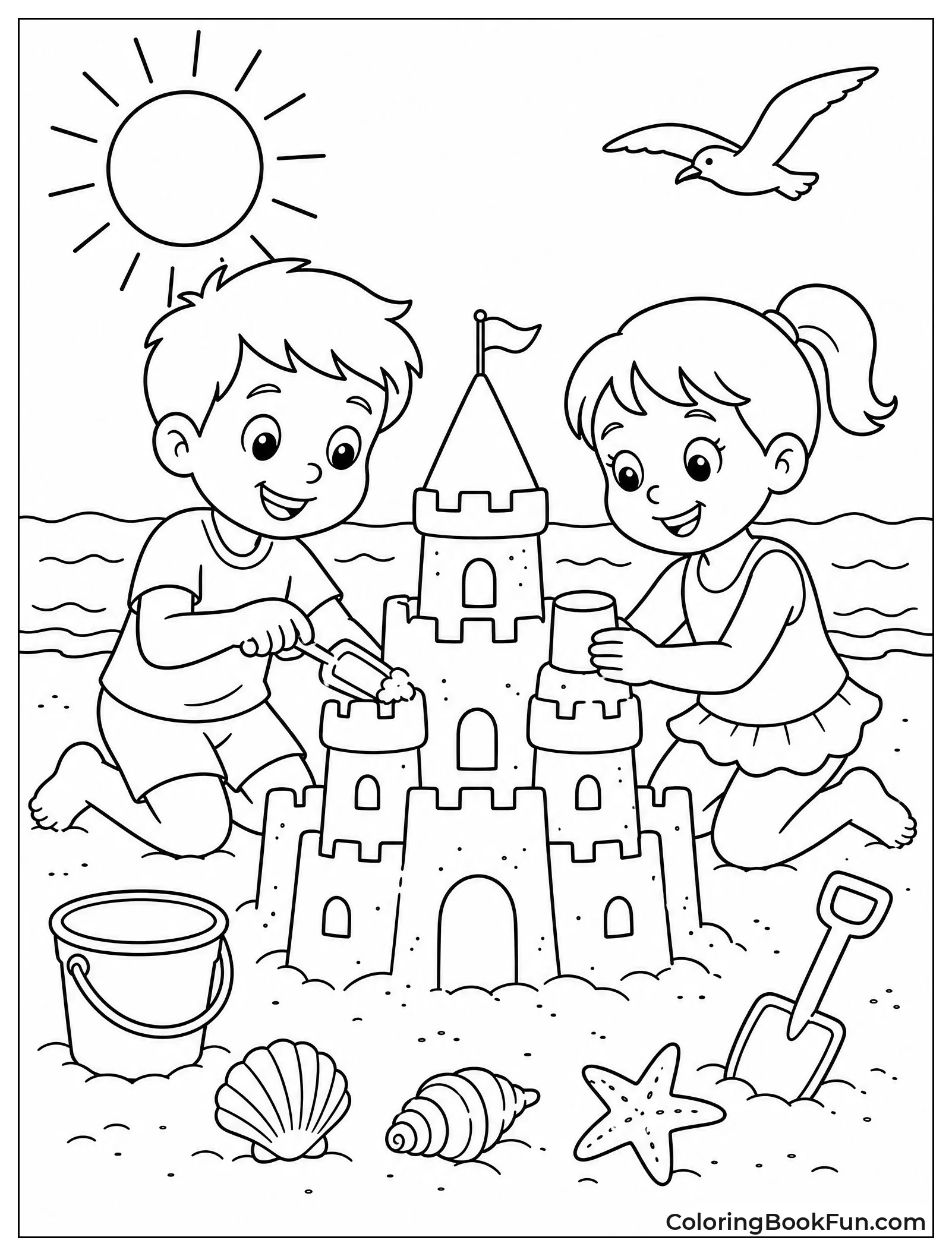 Children Building Sandcastle on Beach