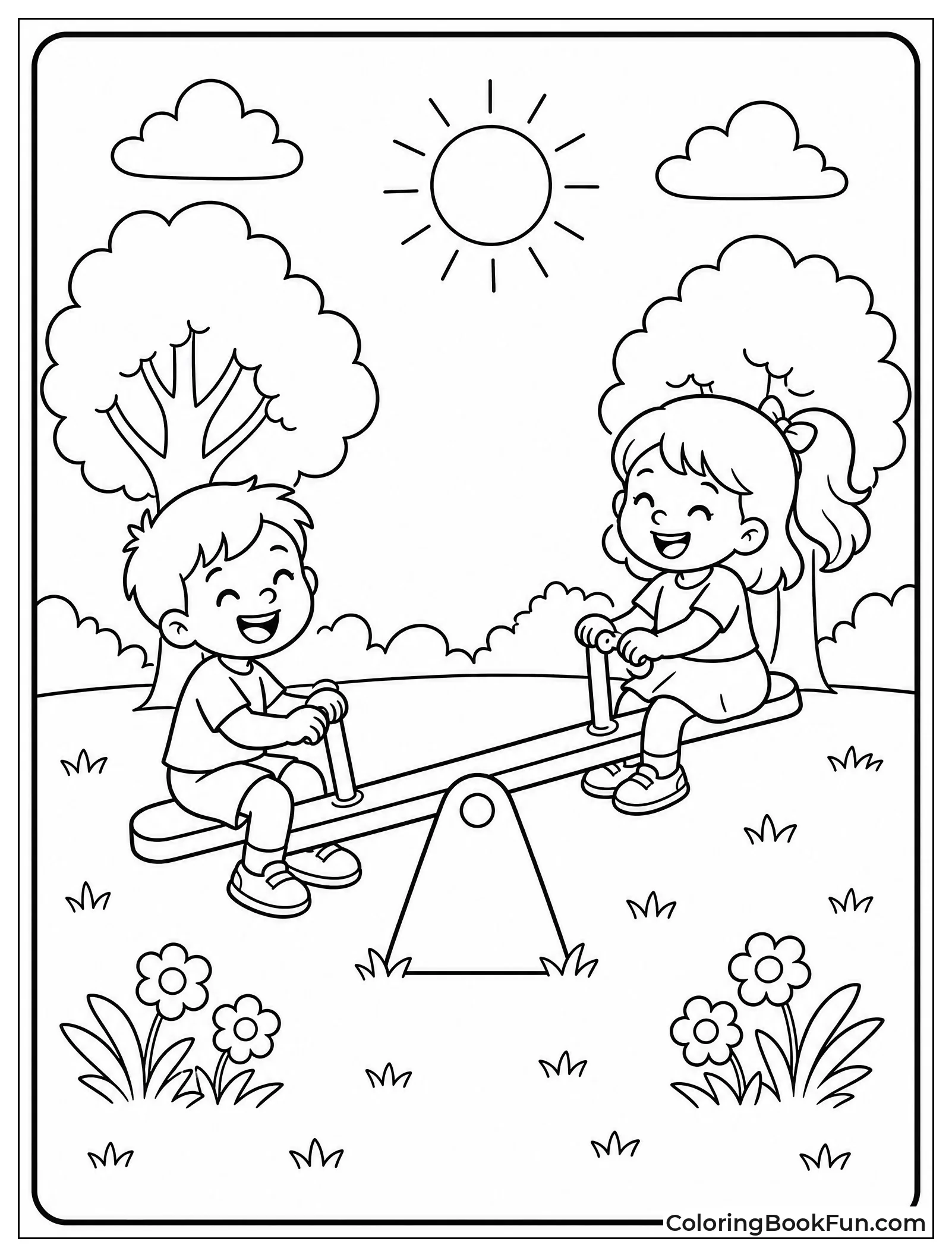 Friends Playing on Seesaw in Park