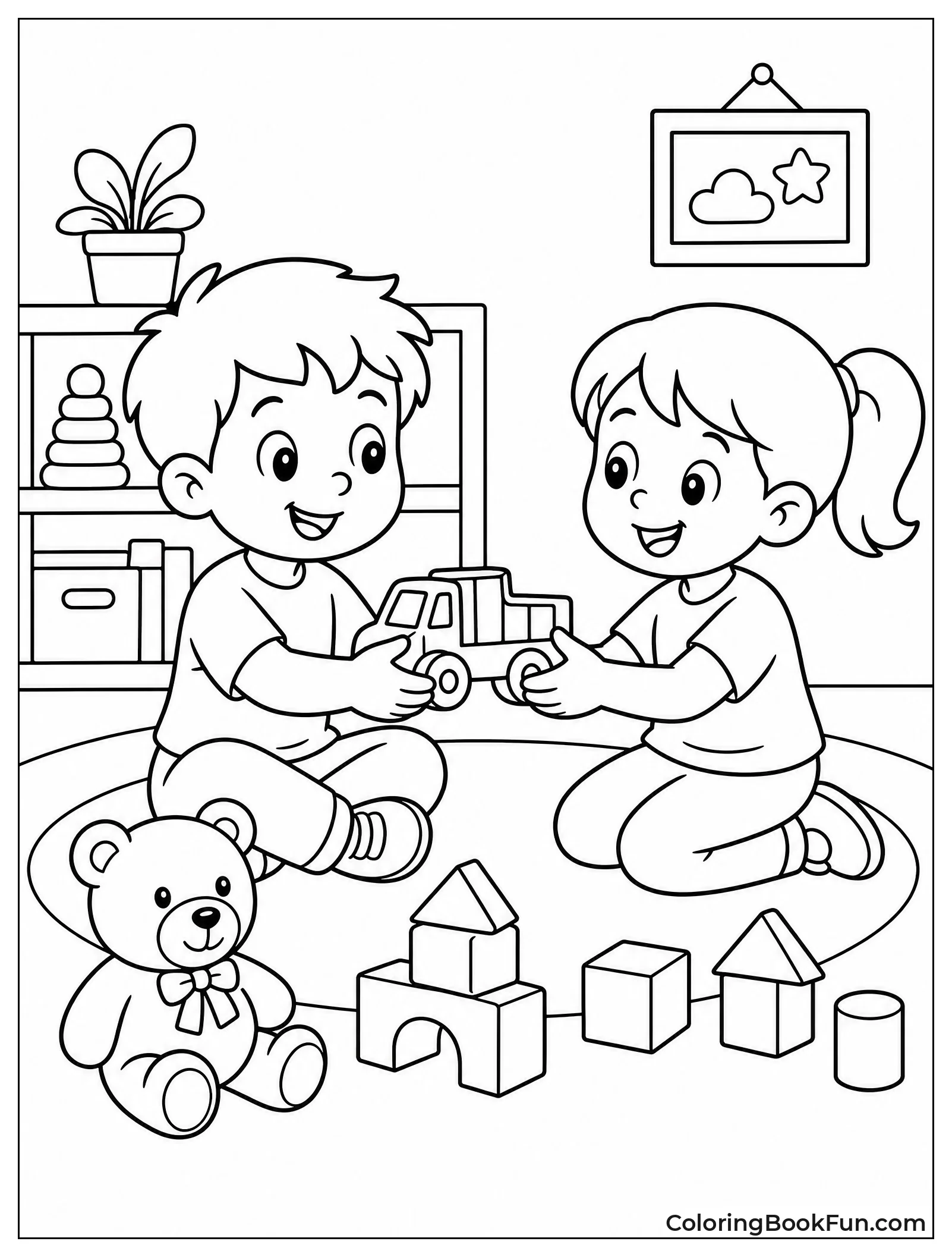 Children Sharing Toys on Floor