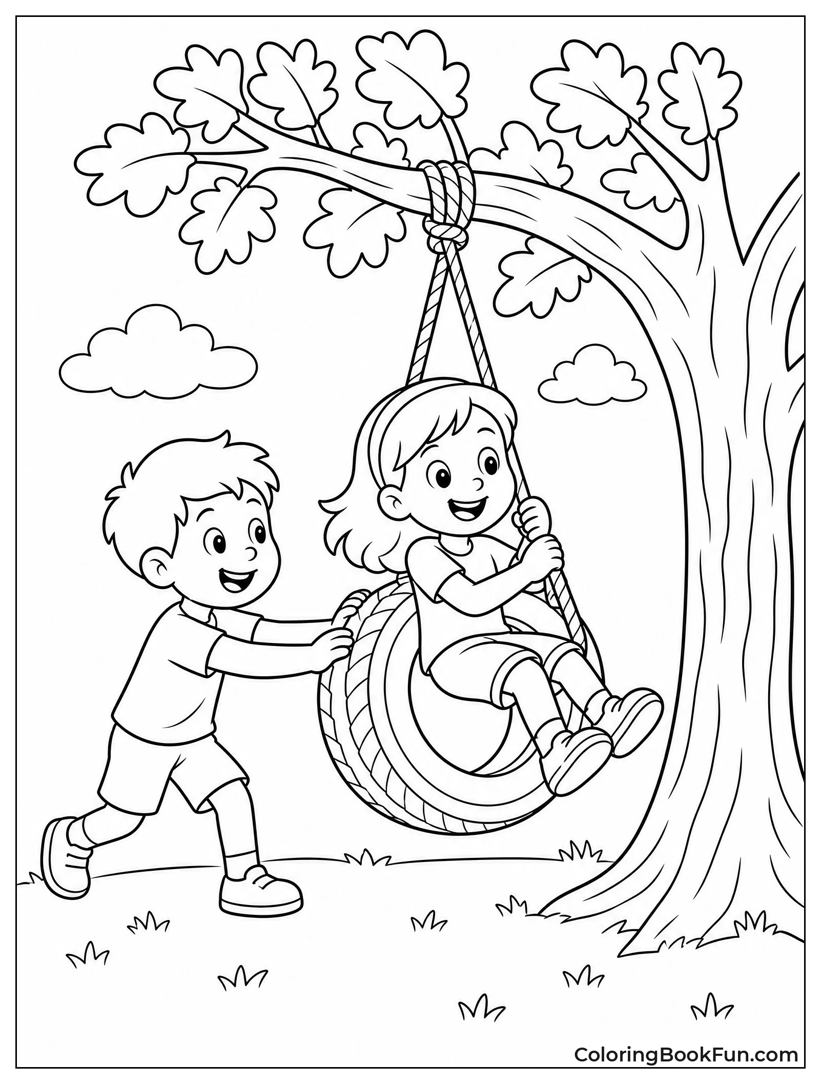 Child Pushing Friend on Tire Swing