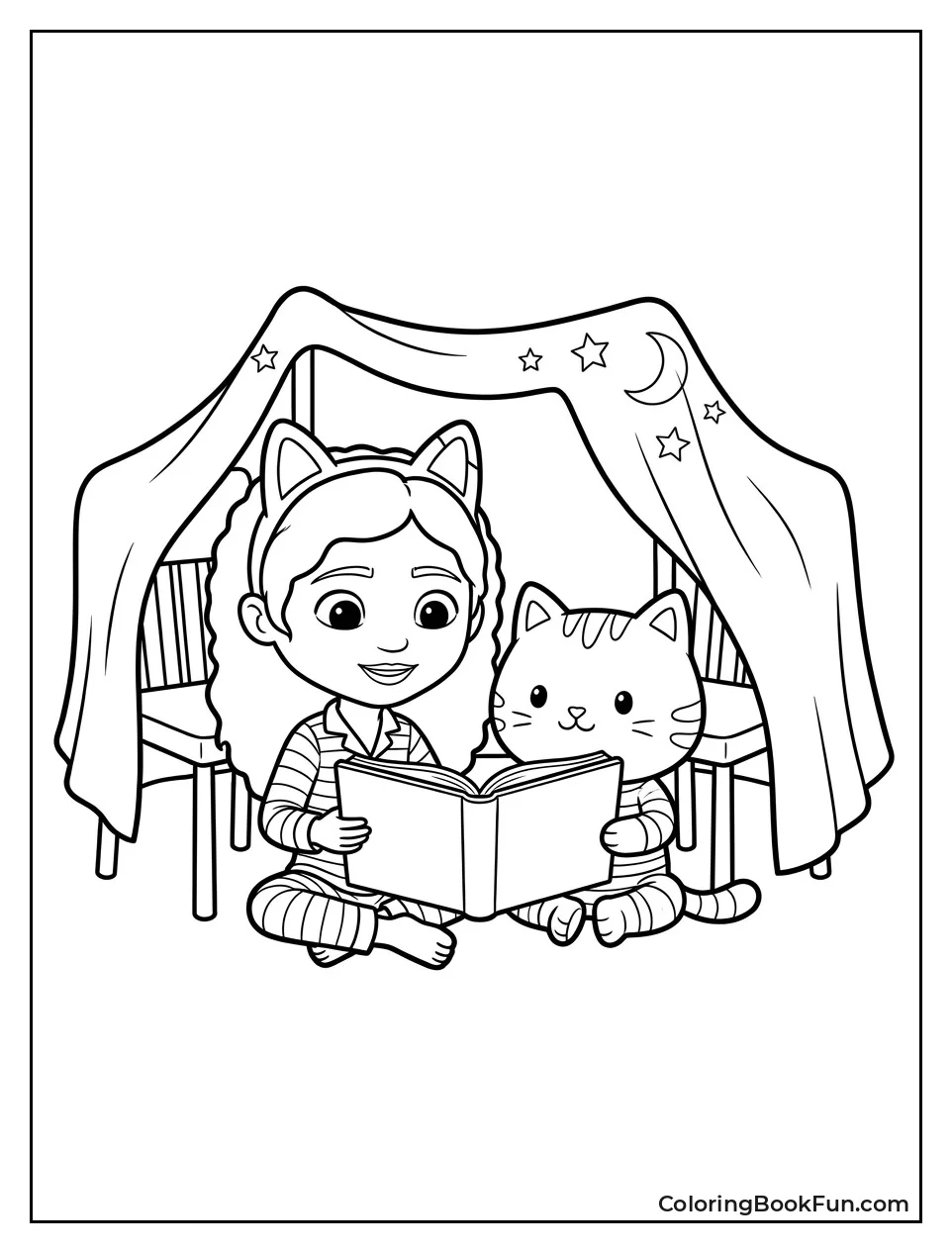 Gabby Reads with Pillow Cat in Pajamas