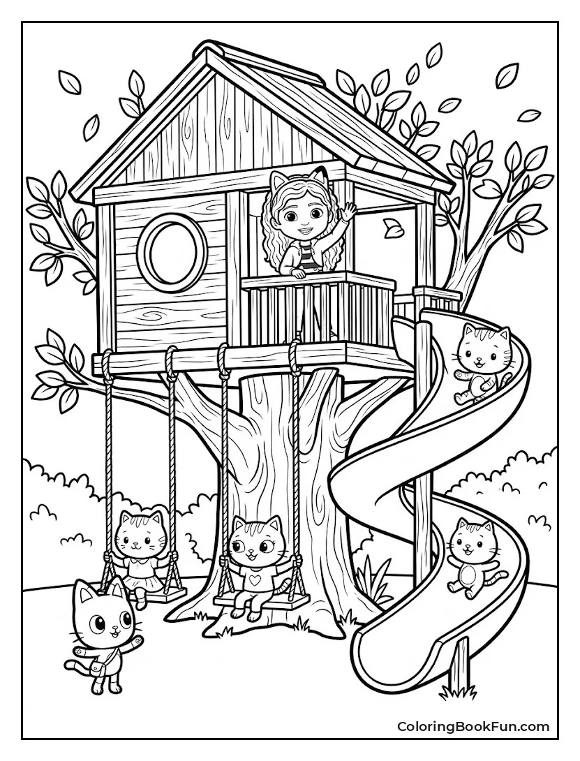 Cat Friends Play at Treehouse