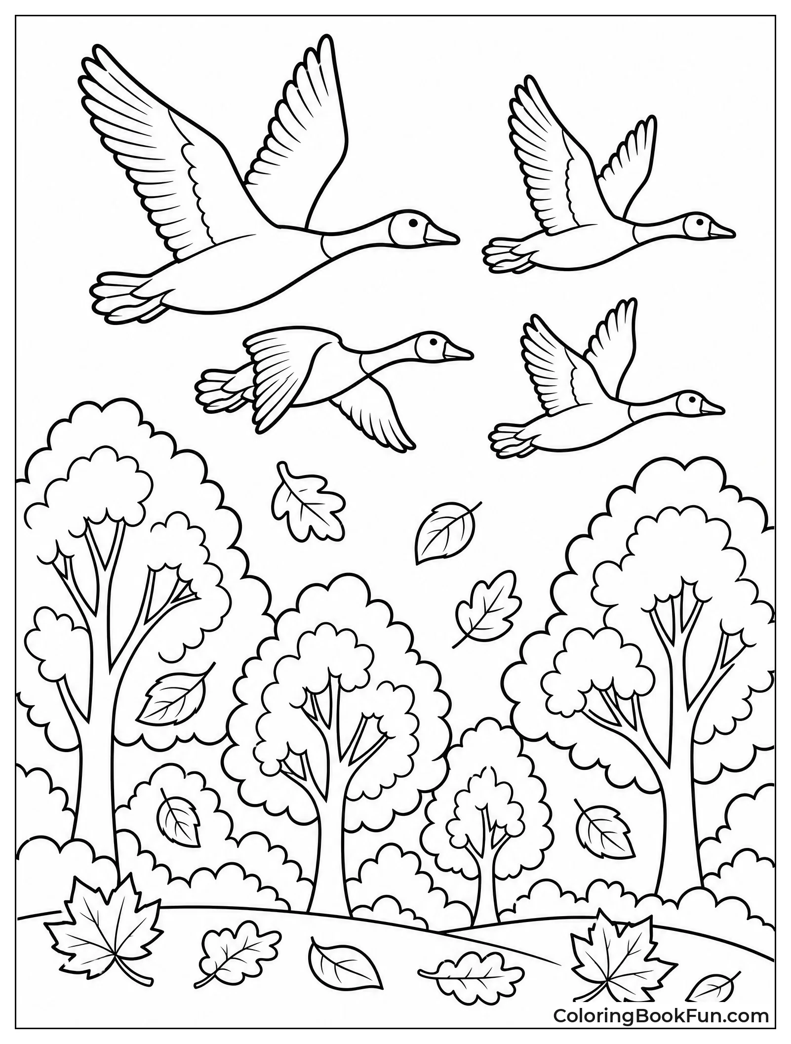 Geese Flying Over Autumn Trees
