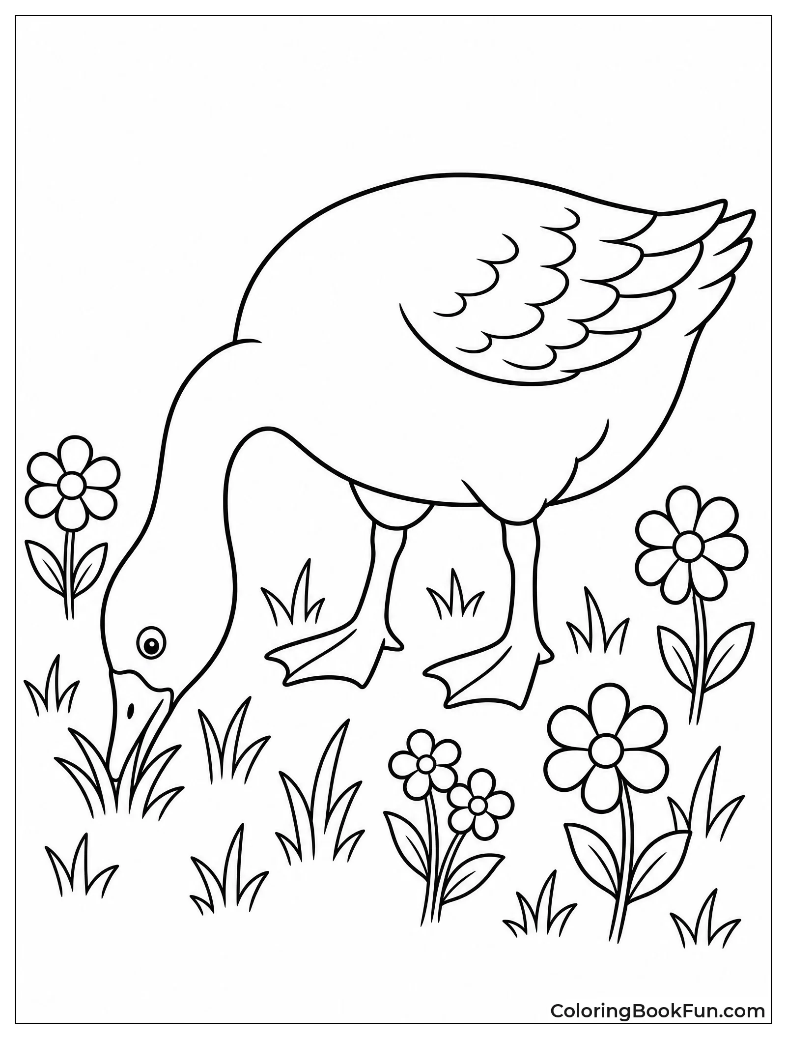Goose Grazing in Wildflower Meadow