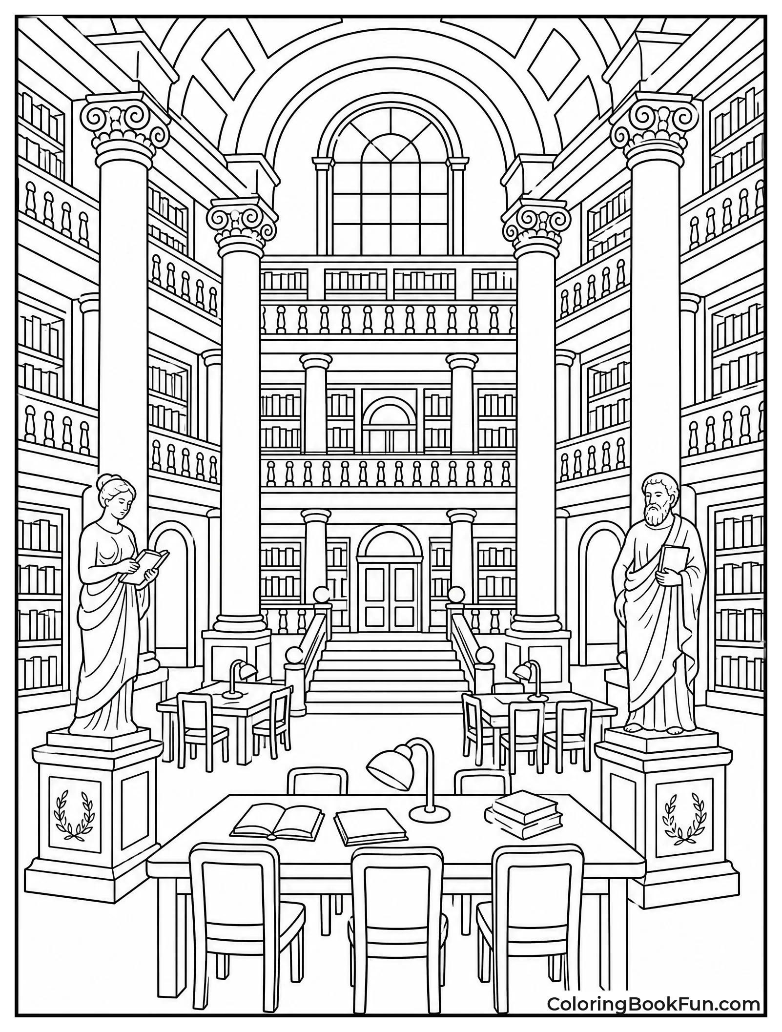 Grand Library Hall with Tall Pillars