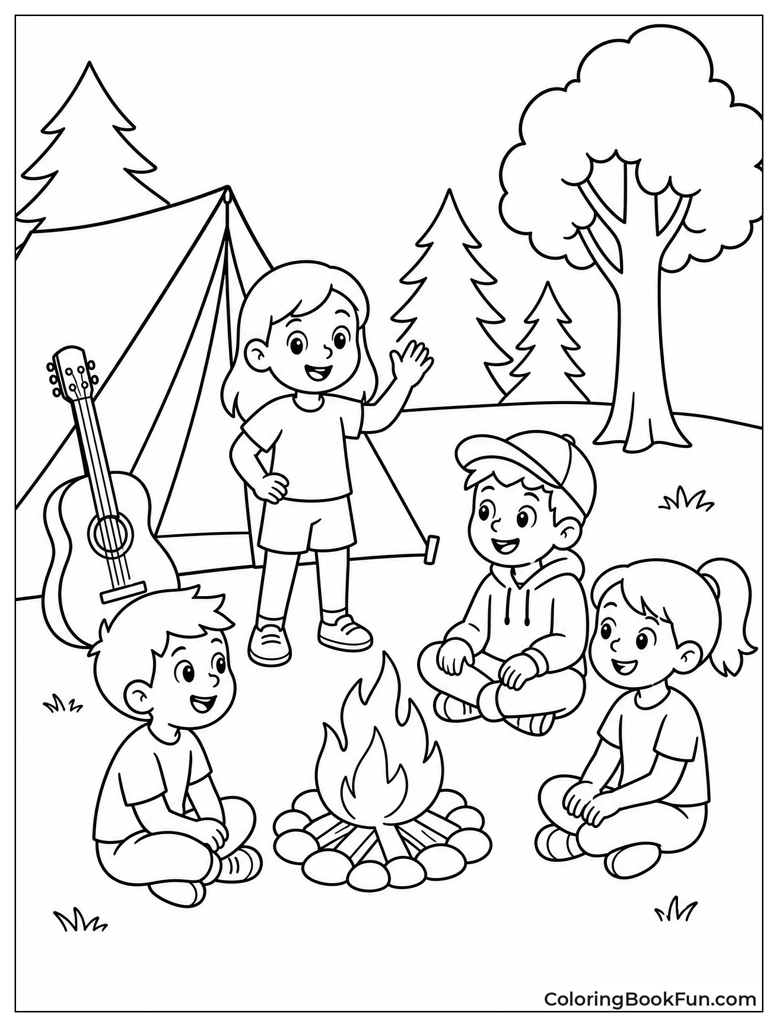 Guitar Leans by Forest Campfire