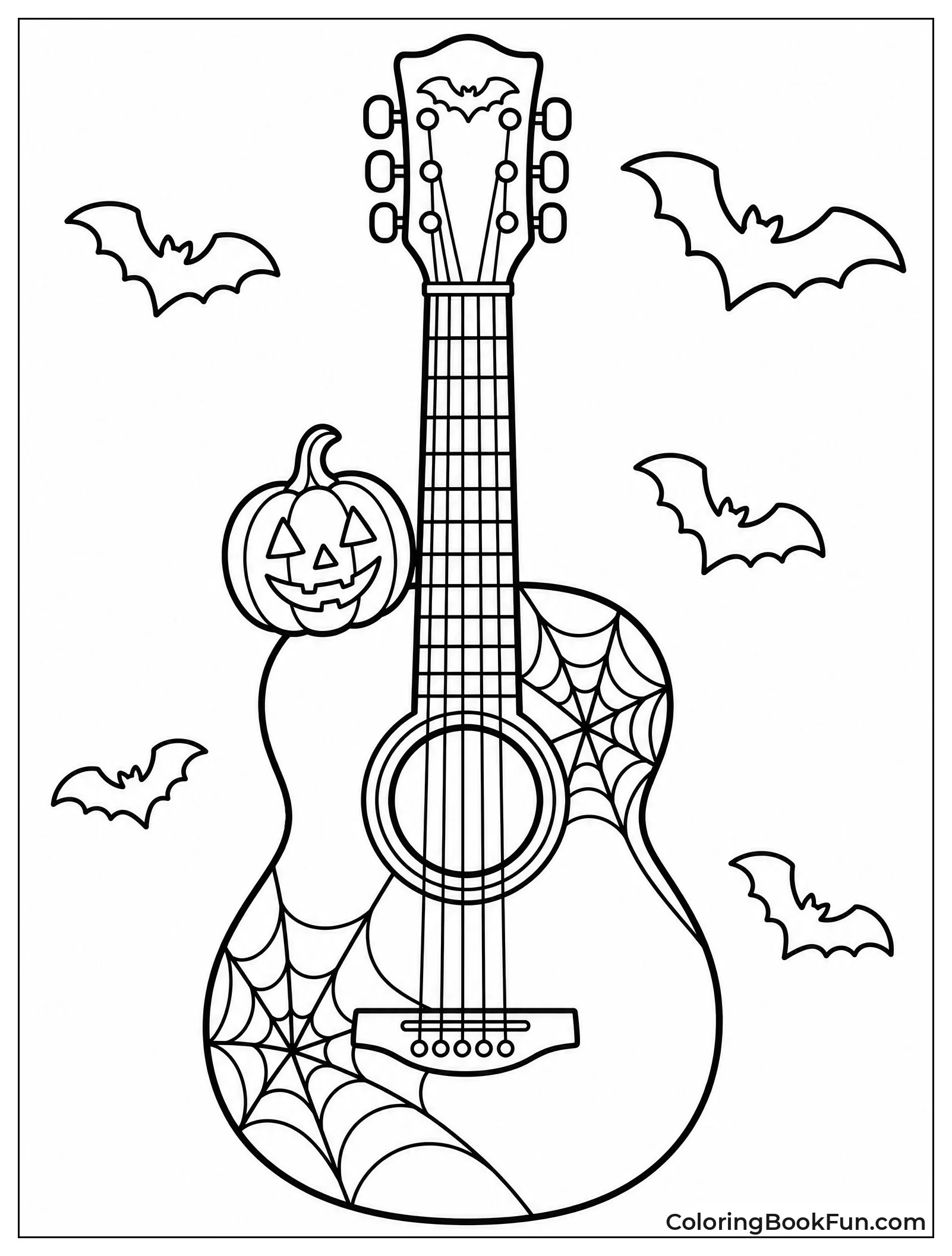 Spooky Guitar Shows Spiderwebs and Pumpkin
