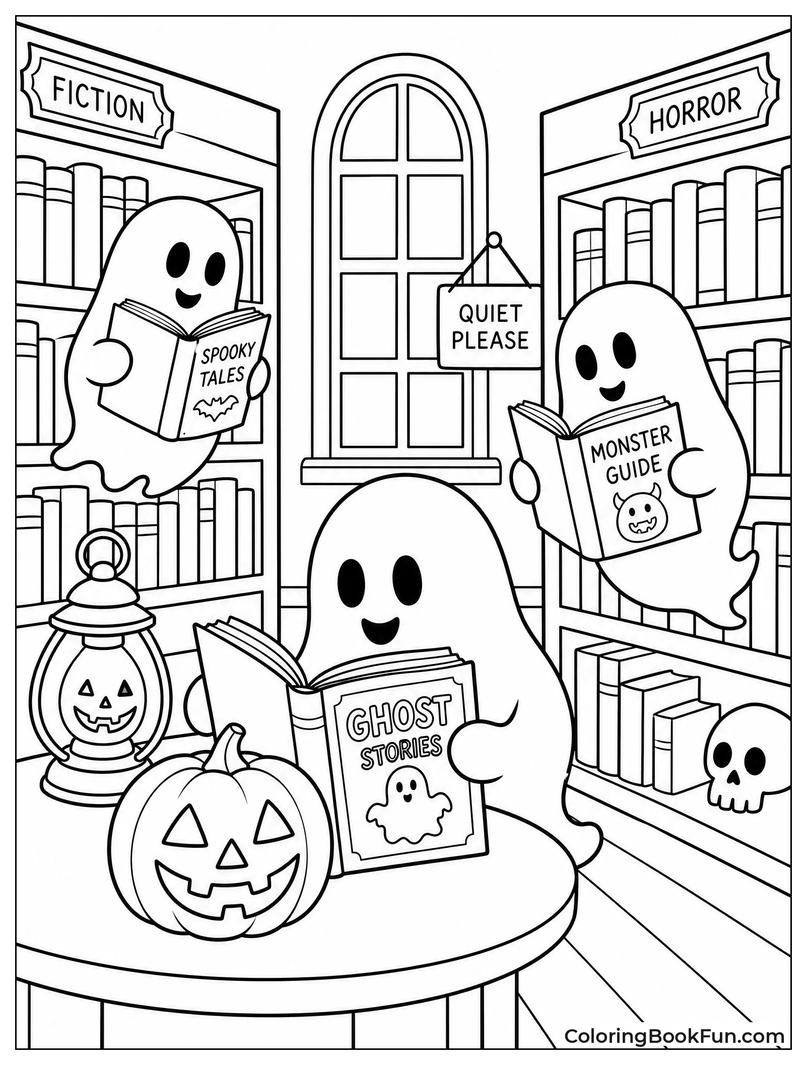 Ghosts Reading Books in Halloween Library