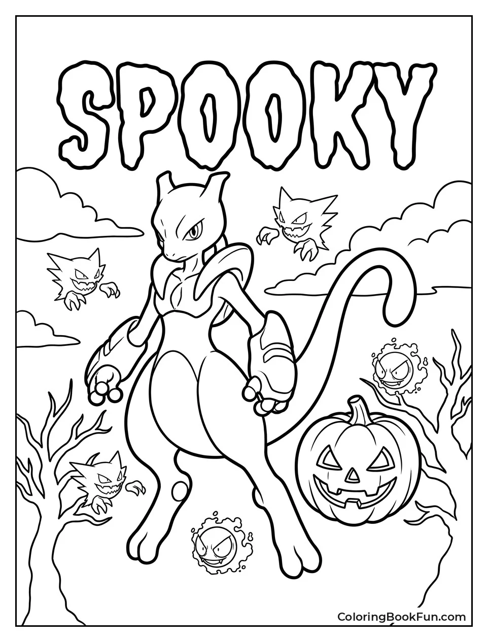 Mewtwo Floats Near Jack O Lantern with Ghosts