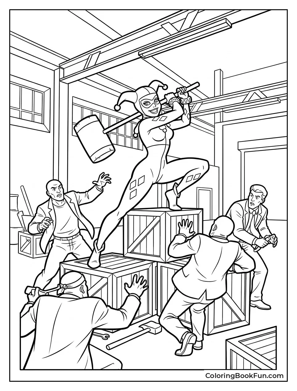 Harley Battling Henchmen in a Warehouse