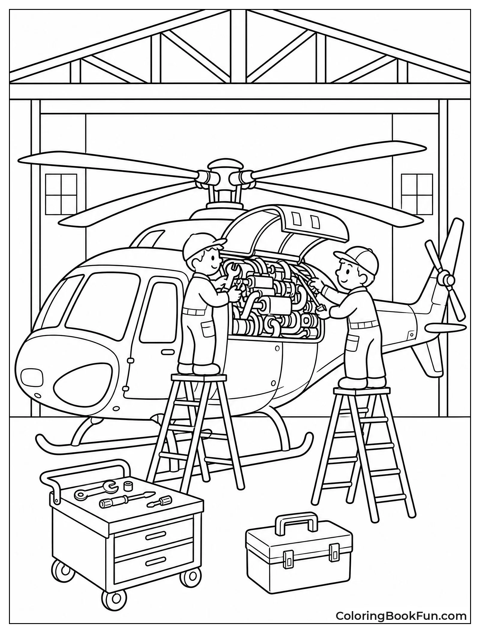 Mechanics Fix Helicopter in Hangar