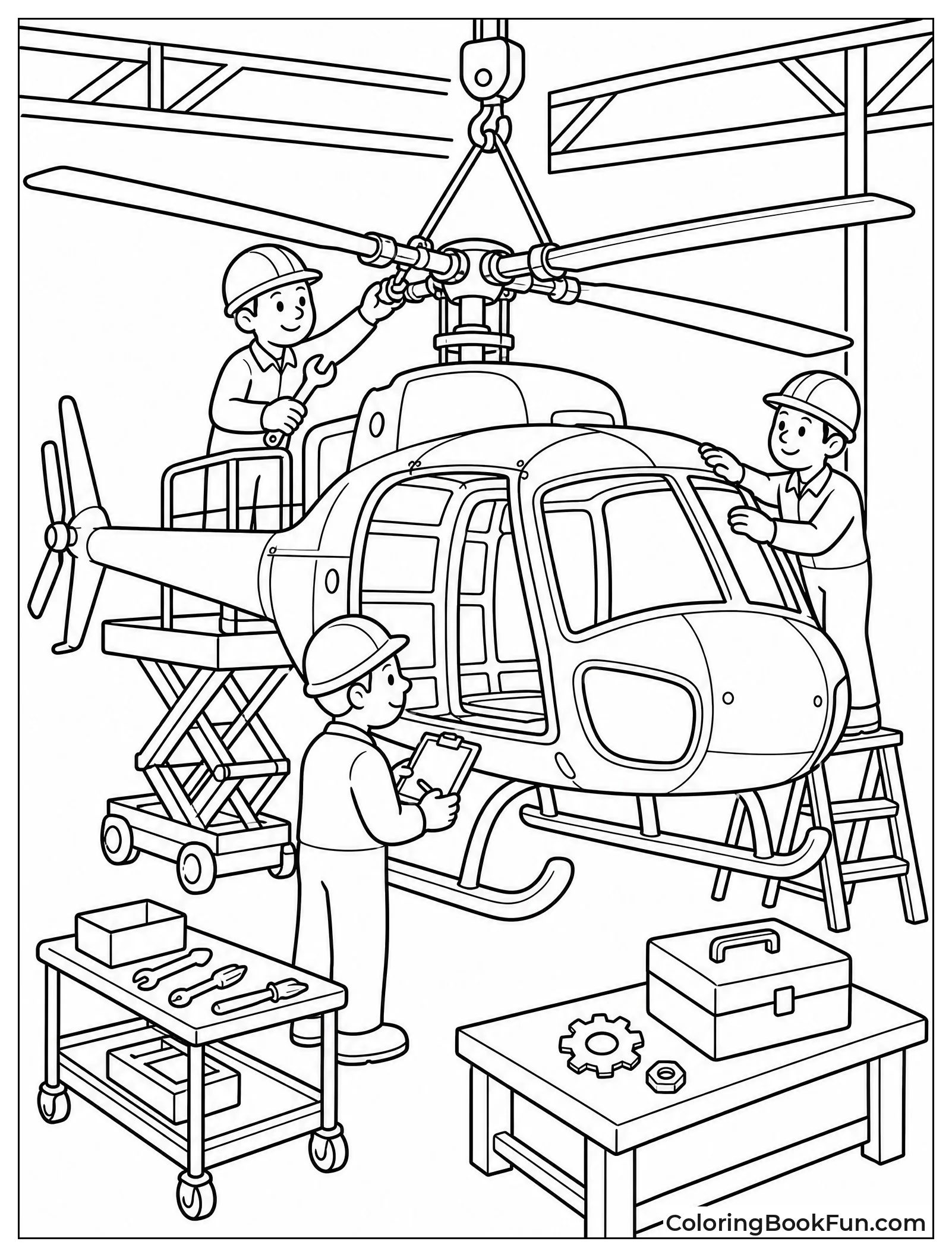 Workers Build Helicopter in Factory