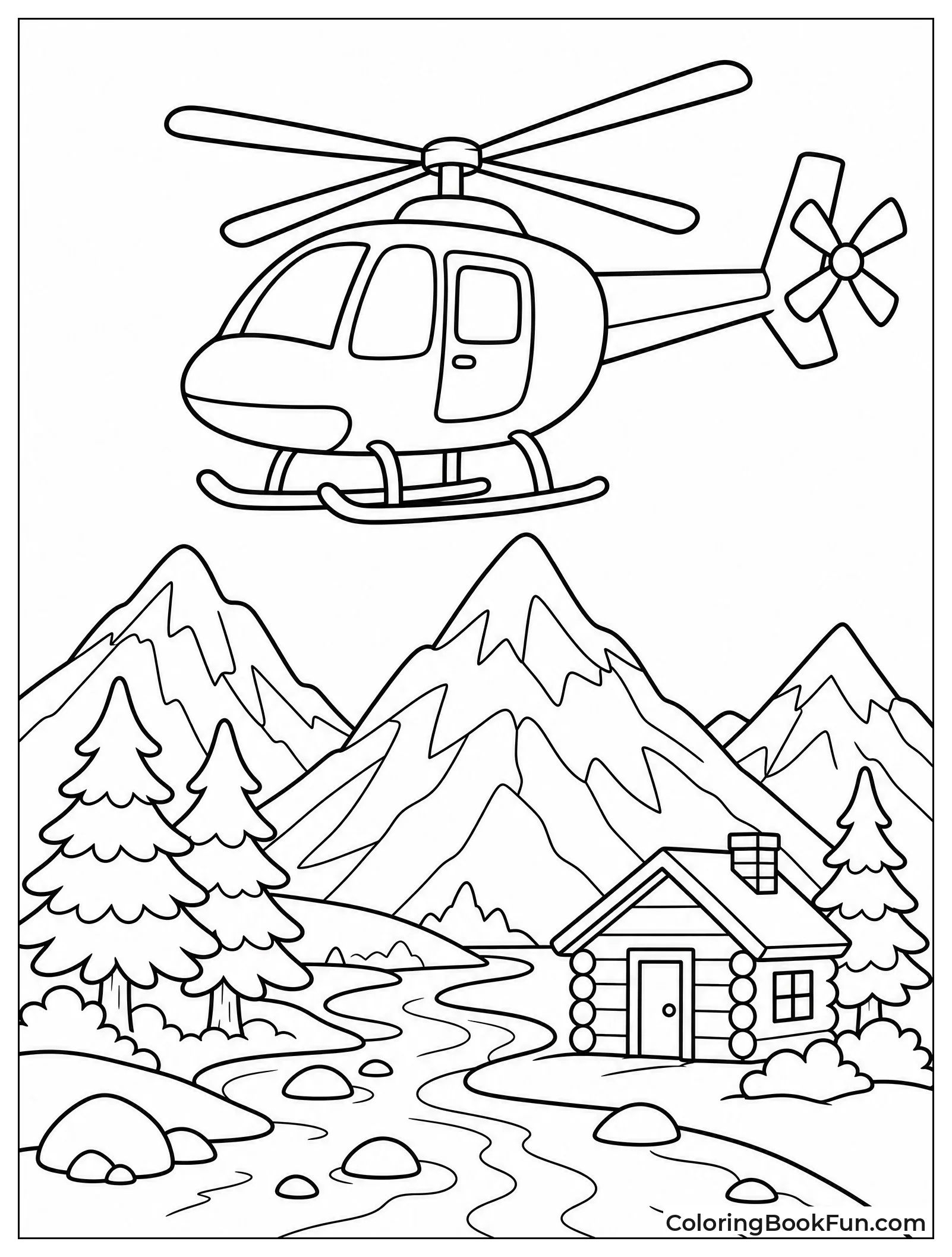 Helicopter Flies past Snowy Mountains