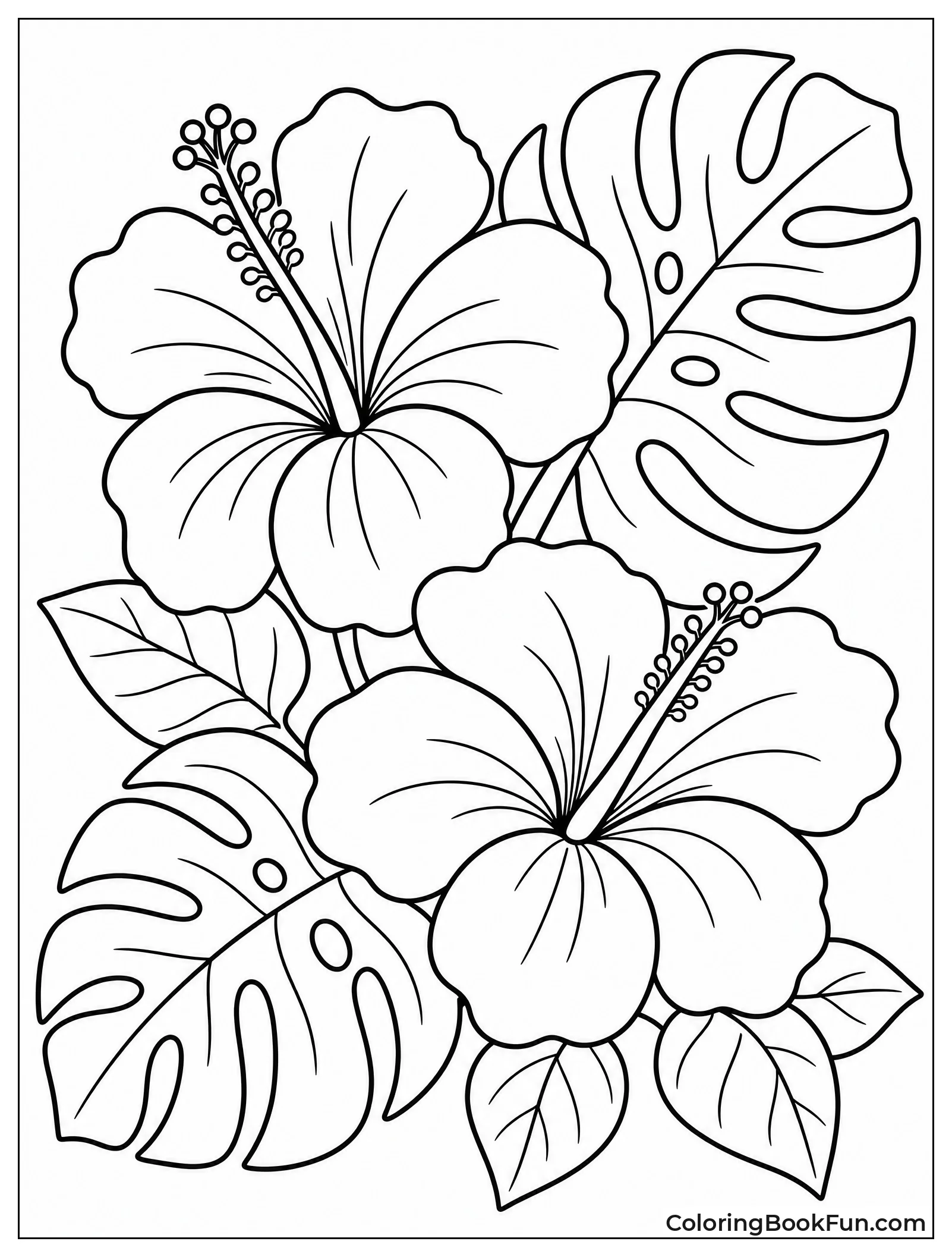 Hibiscus next to Monstera Leaves