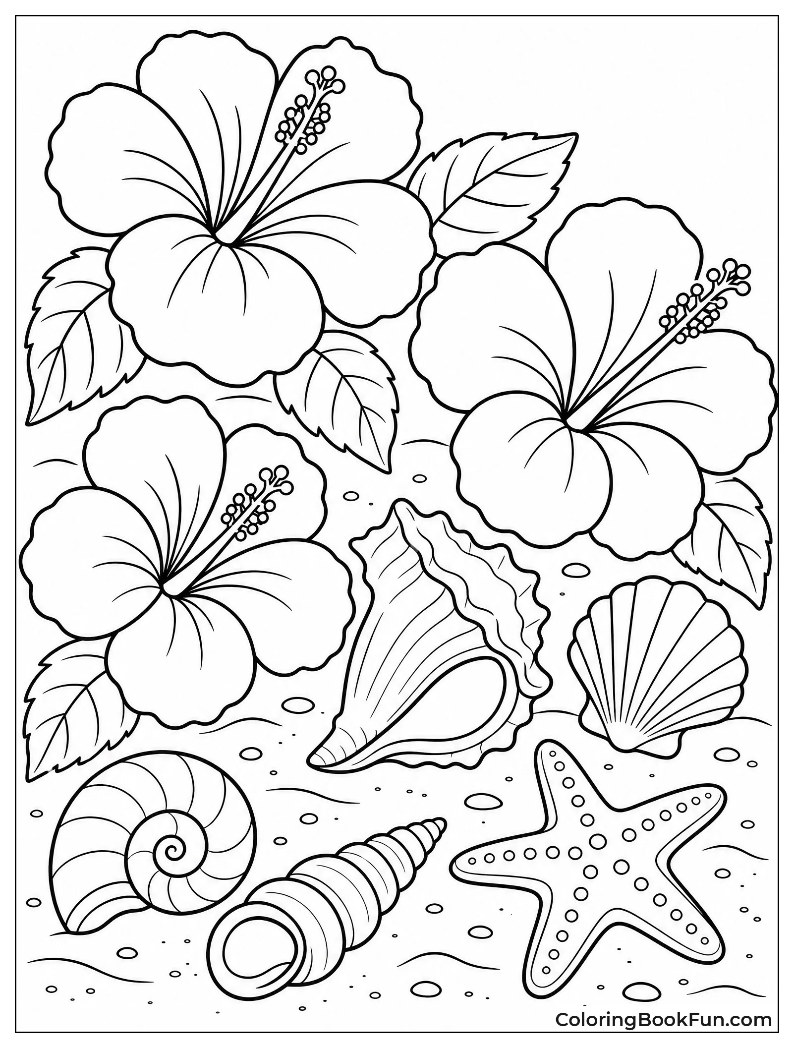Hibiscus Flowers near Seashells on Sand