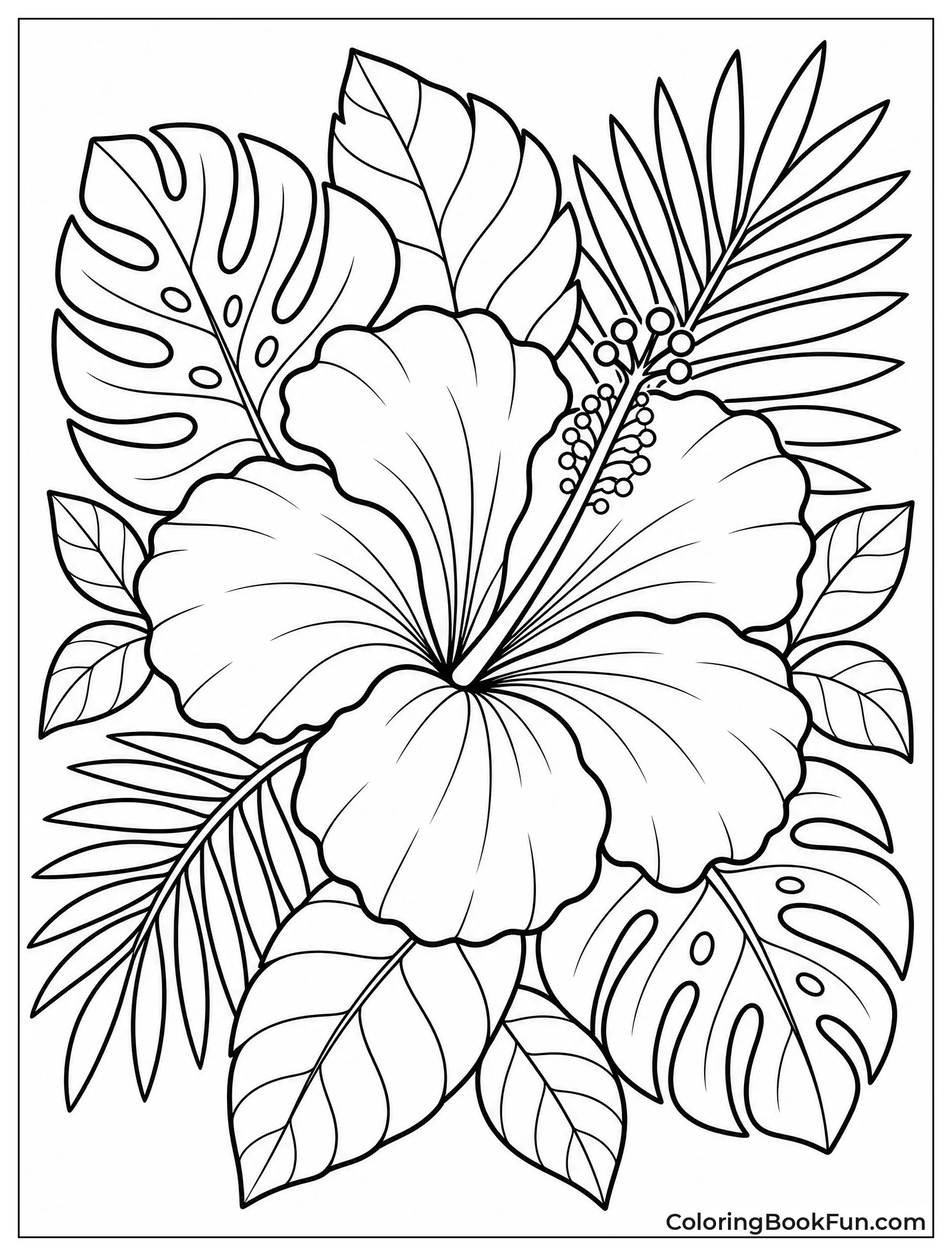 Hibiscus Surrounded by Tropical Leaves