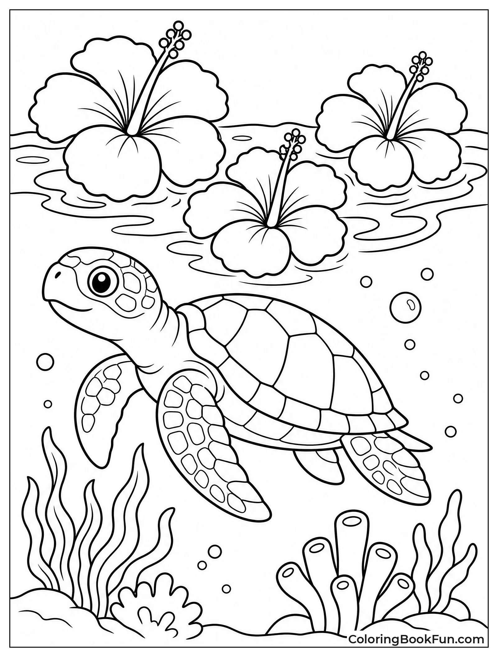 Sea Turtle Swimming Near Hibiscus