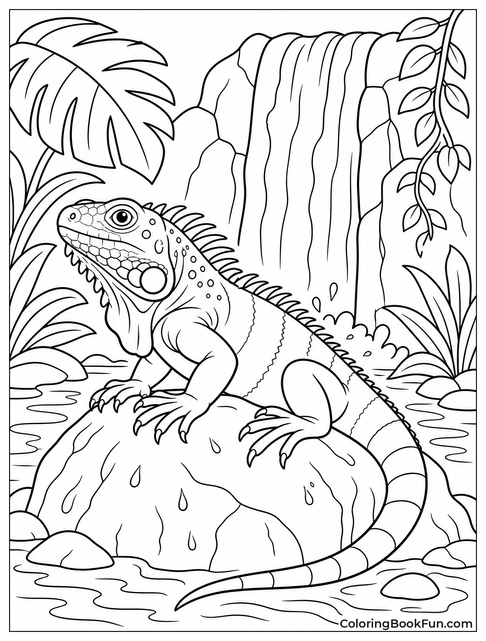 Iguana Sits Near Waterfall
