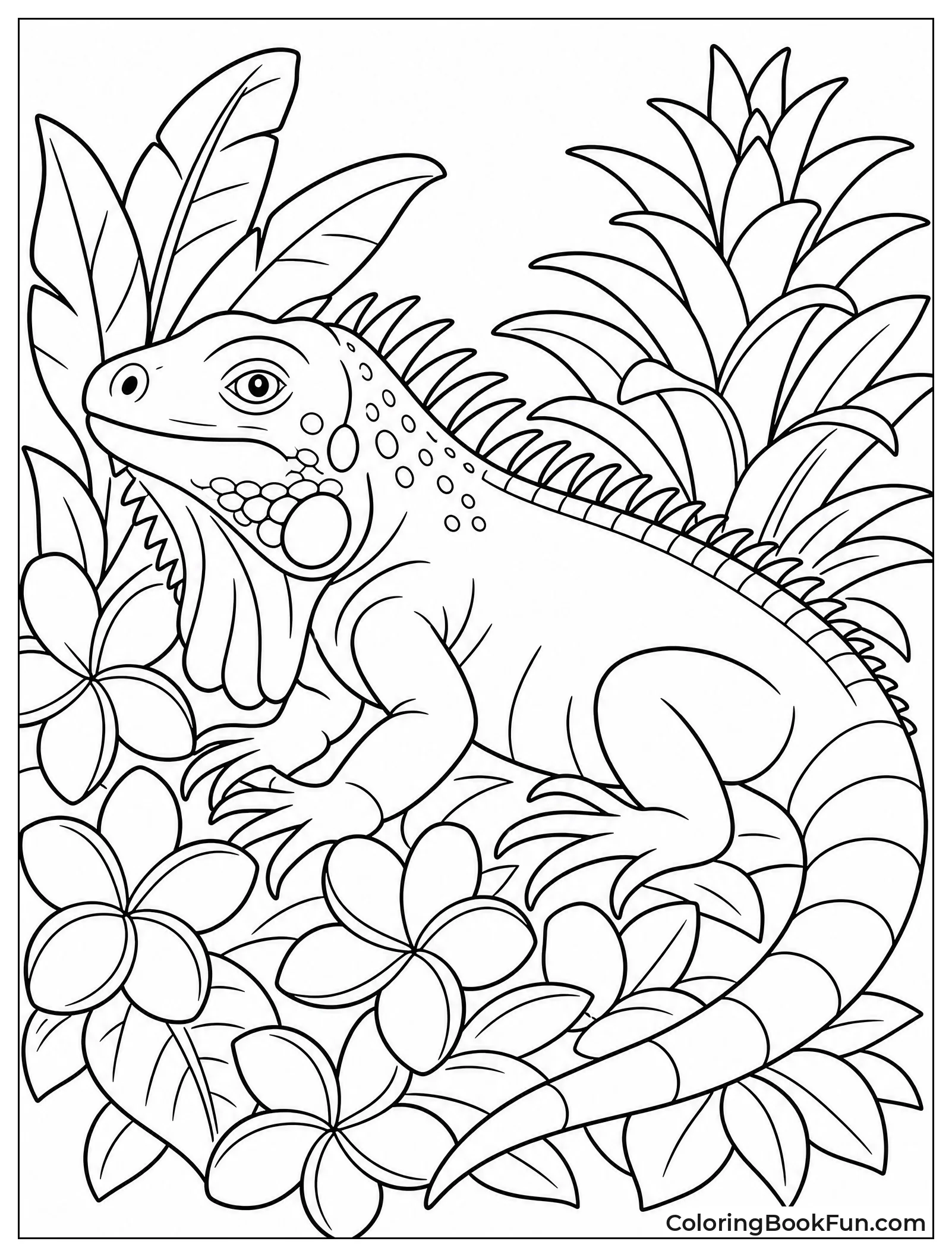 Iguana Rests Among Bright Flowers