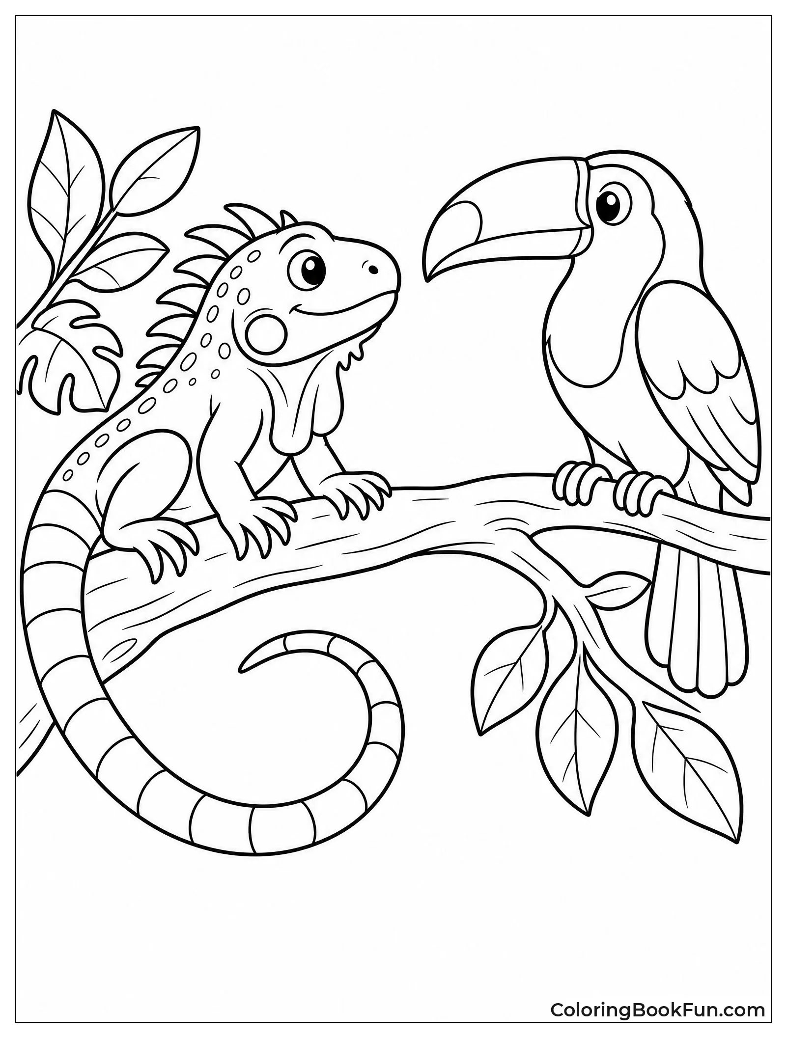 Iguana Shares Branch with Toucan