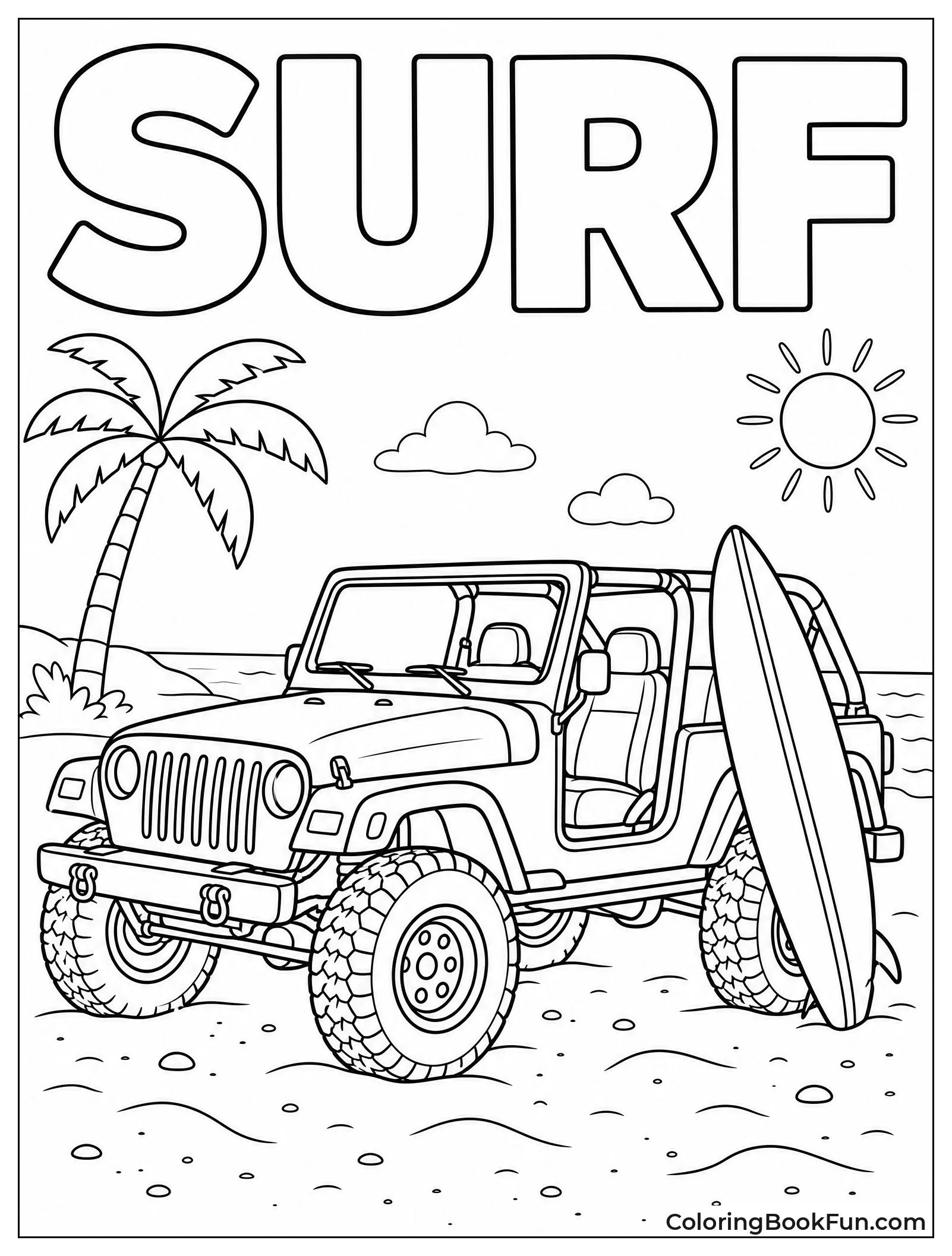 Jeep Parked On Beach With Surfboard