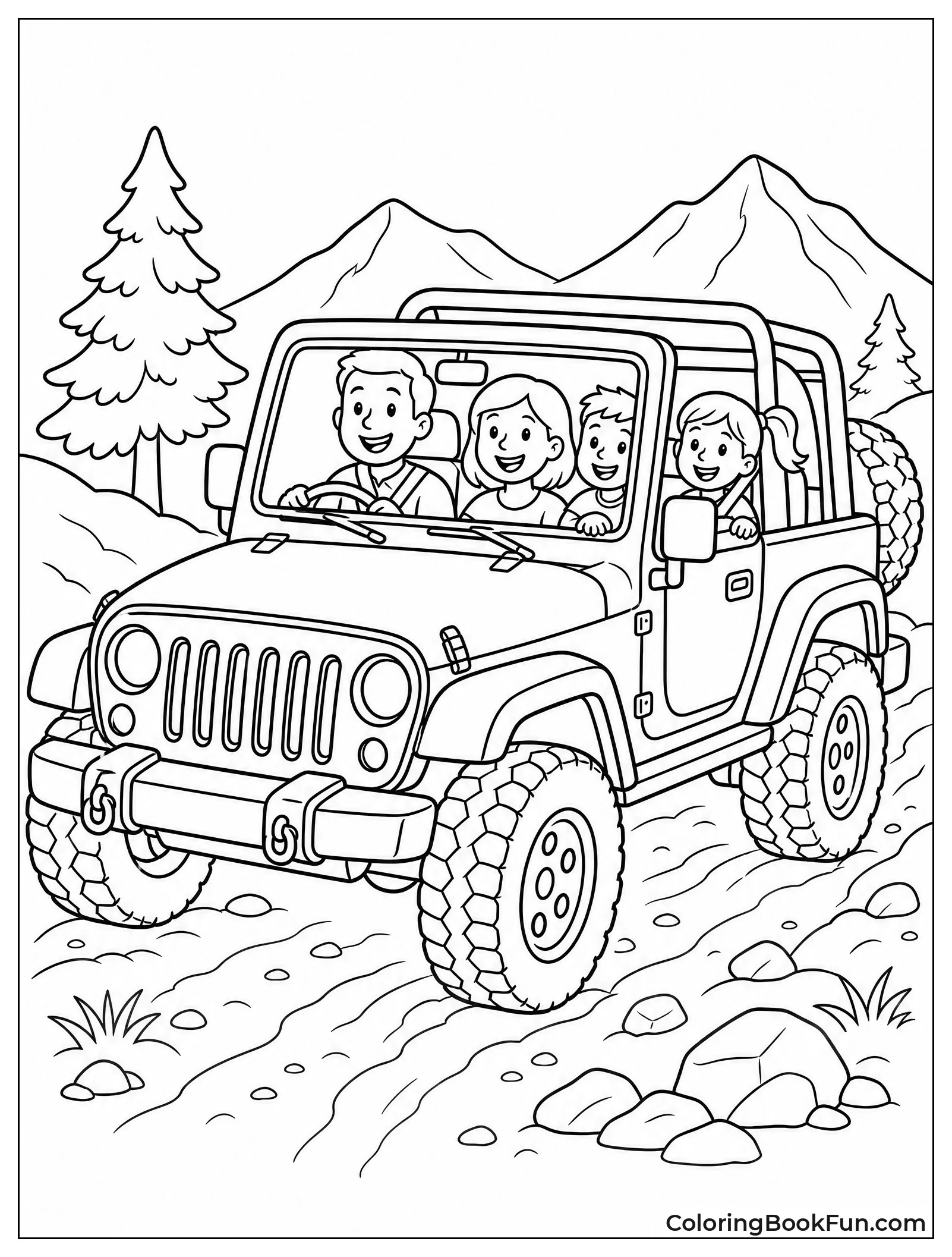 Family Rides In Jeep On Trail