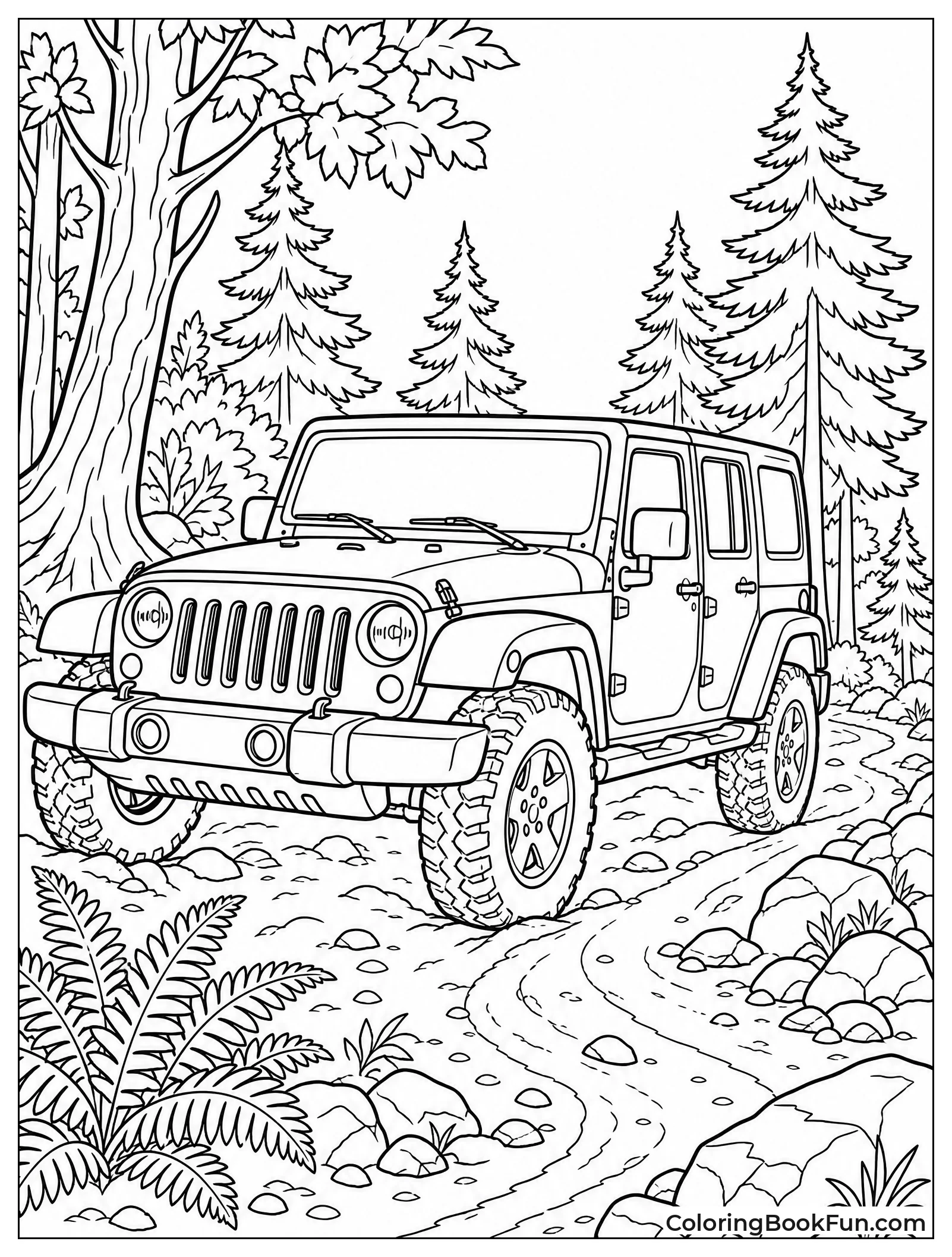 Jeep Navigates Dense Forest Trail